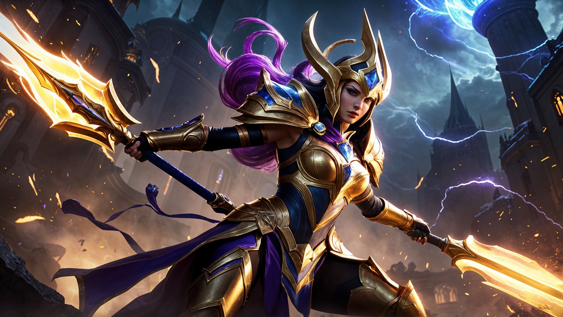 Fierce warrior in golden armor with dual-headed spear