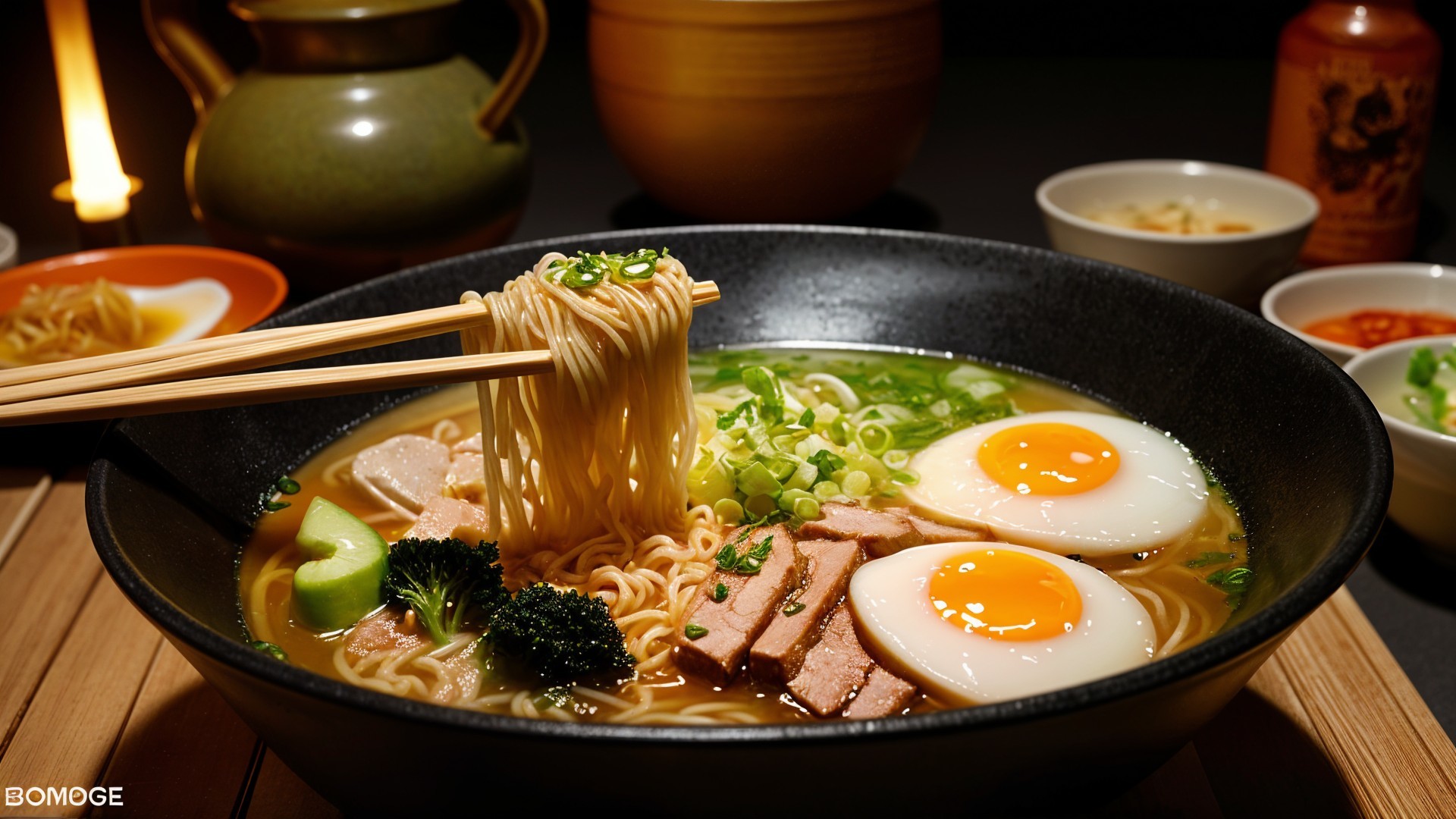 Steaming Bowl of Ramen with Toppings and Side Dishes