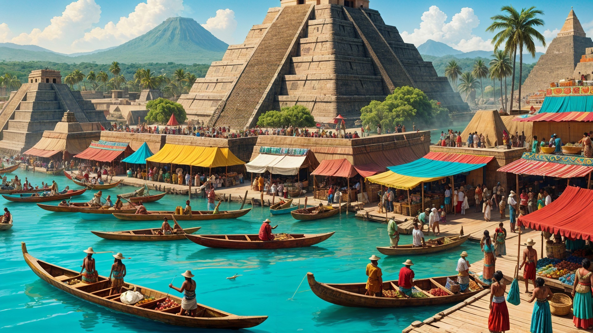 Vibrant Ancient City Scene with Pyramid and Markets