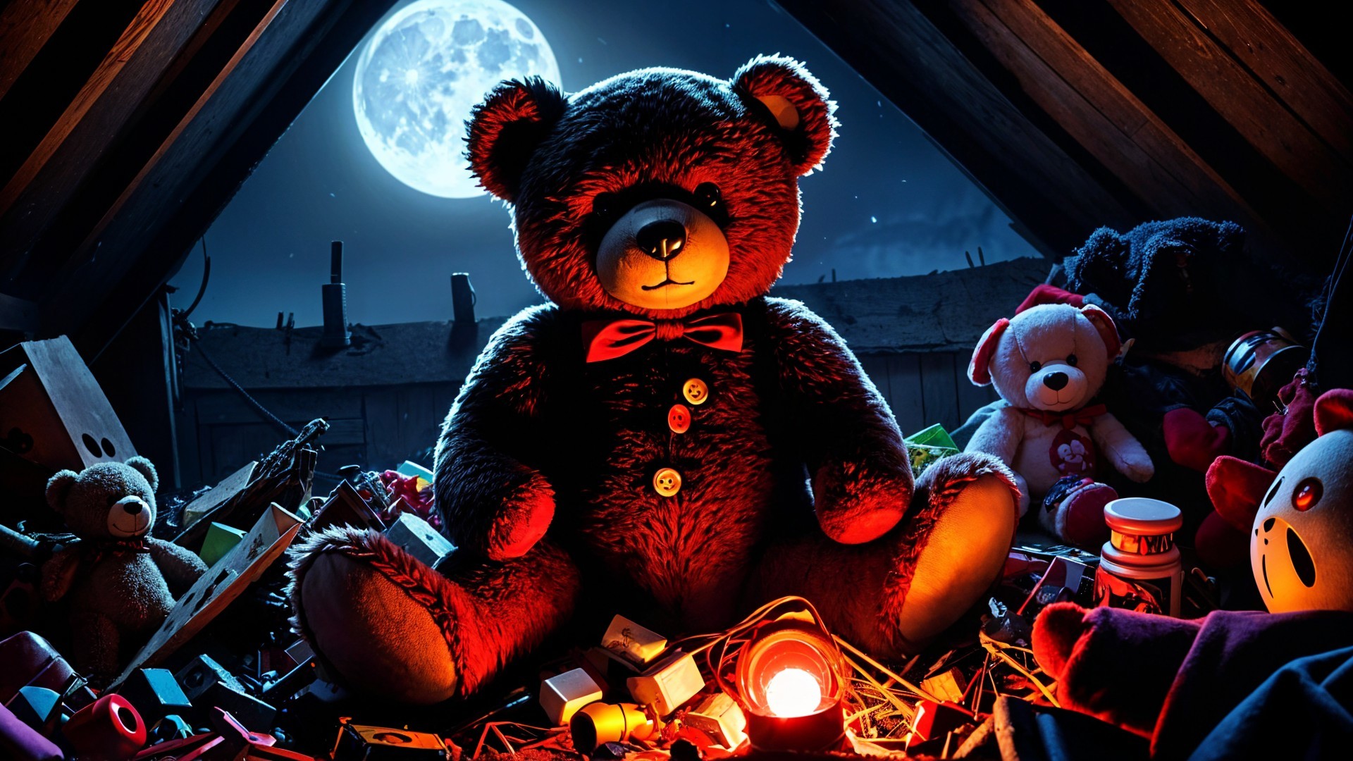 Teddy Bear Surrounded by Toys in Dimly Lit Attic