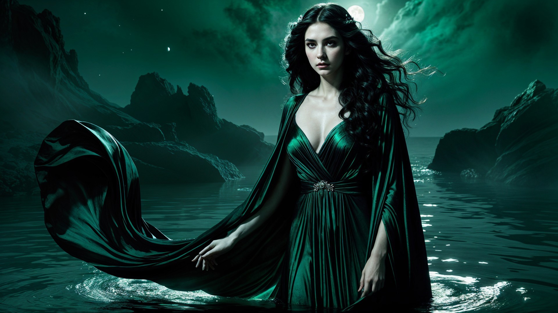 Mystical Scene of Woman in Emerald Gown by Water