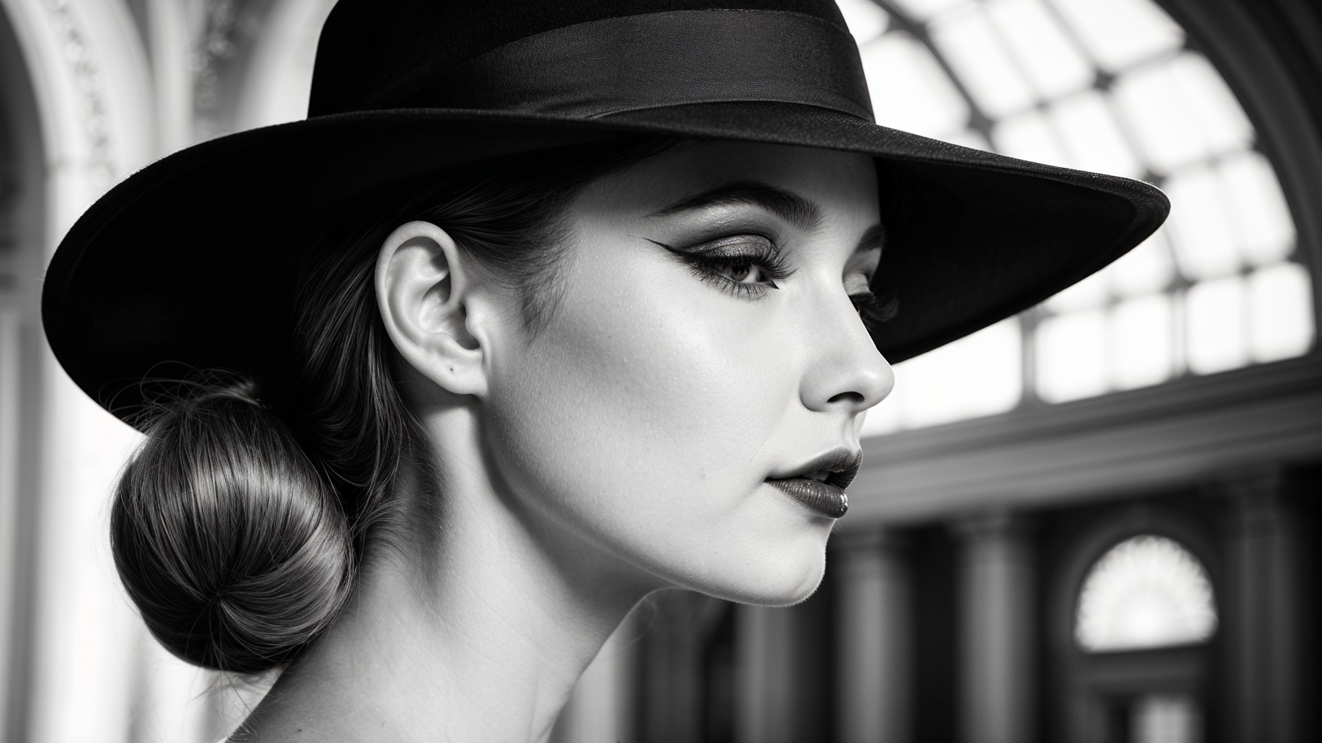 Monochrome Portrait of Elegant Woman in Profile