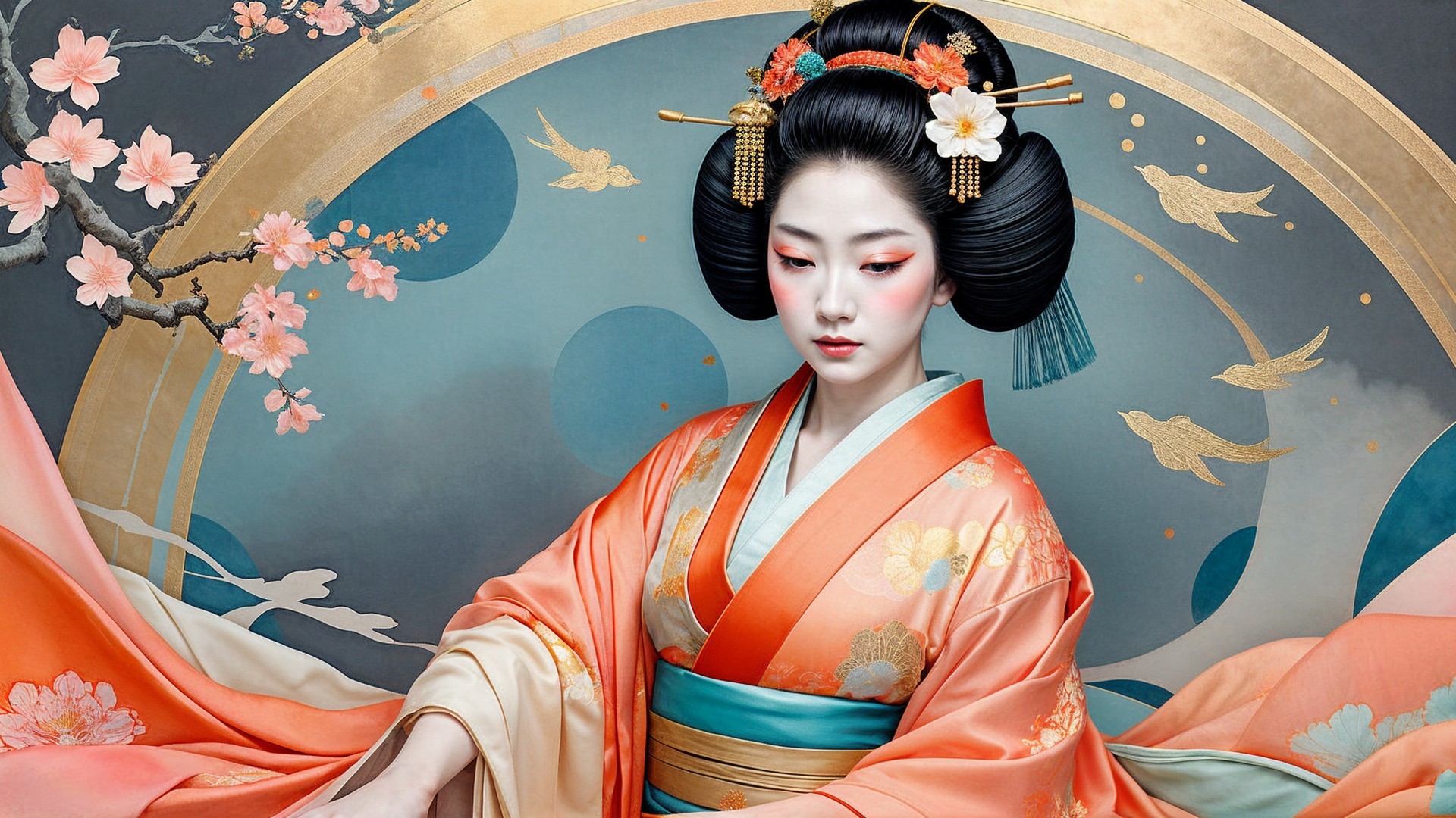 Serene Woman in Colorful Kimono Amid Cherry Blossoms