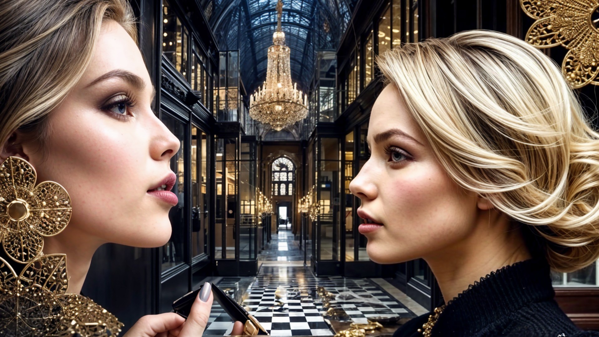 Elegant Women in Luxurious Hallway Setting