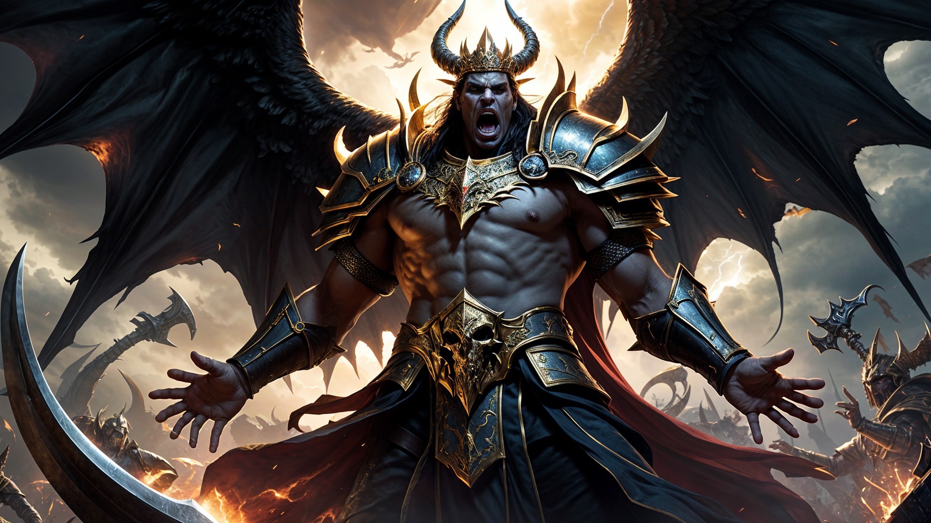 Warrior with Black Wings and Ornate Armor in Stormy Scene