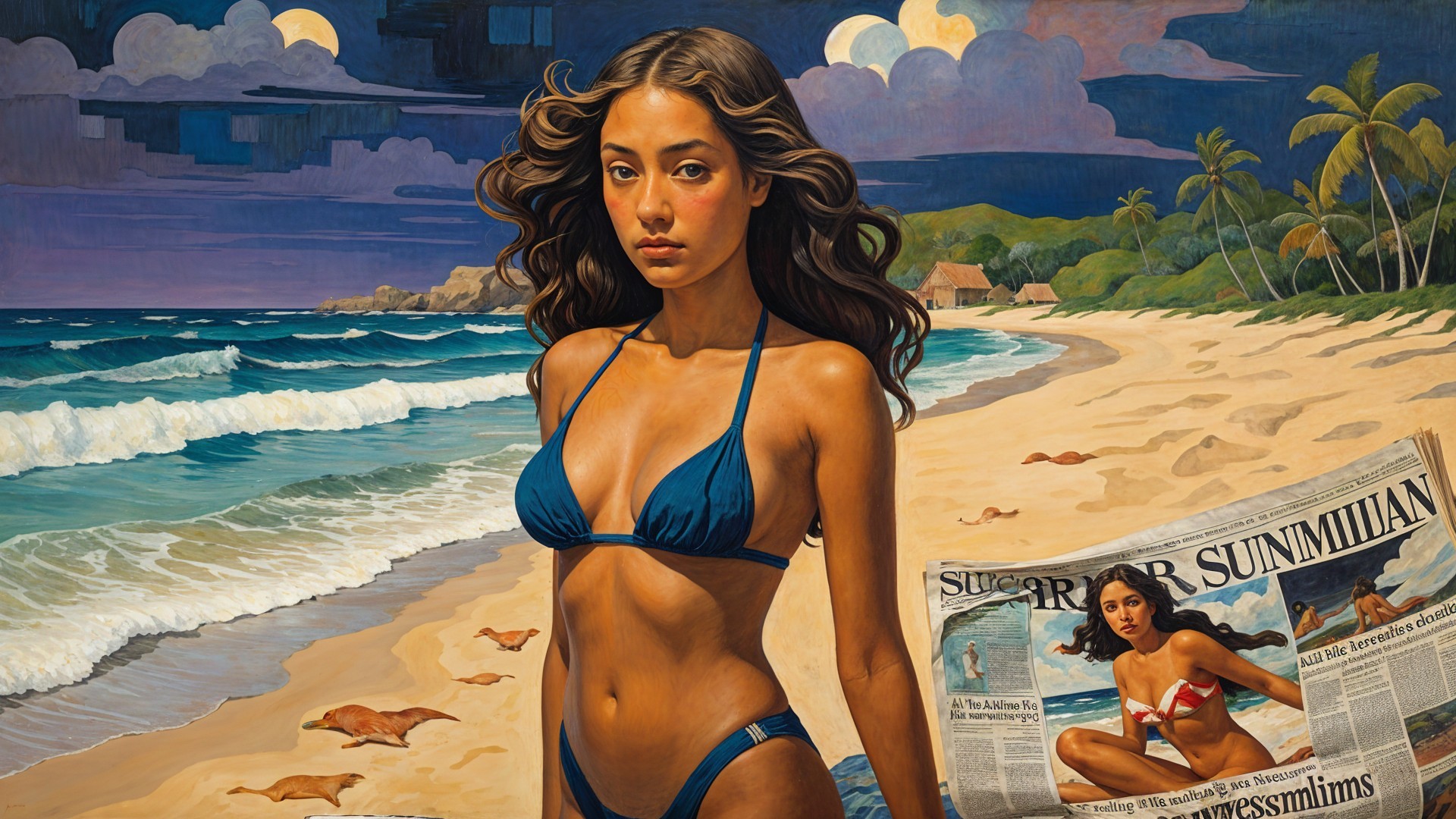 Beach Scene with Woman in Blue Bikini and Waves