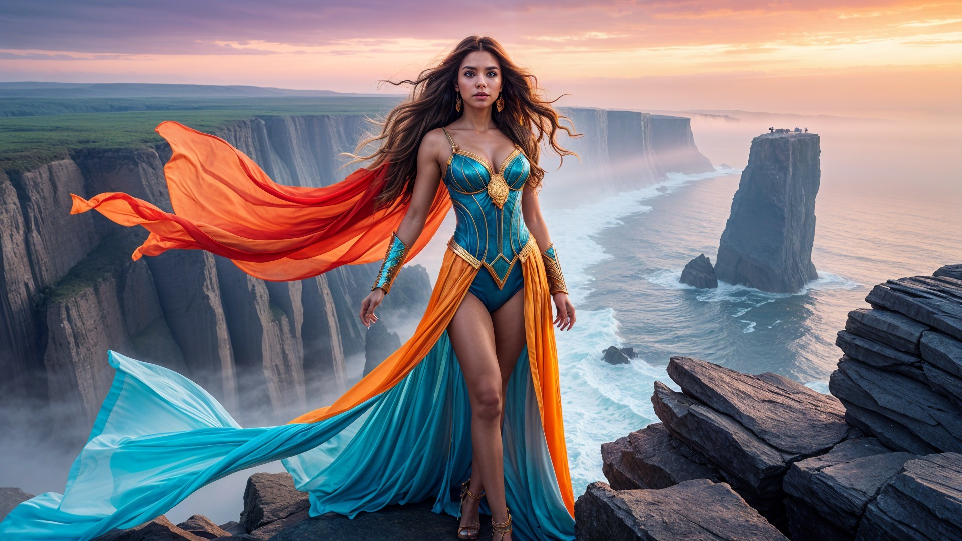 Powerful figure on cliff at sunset with seascape