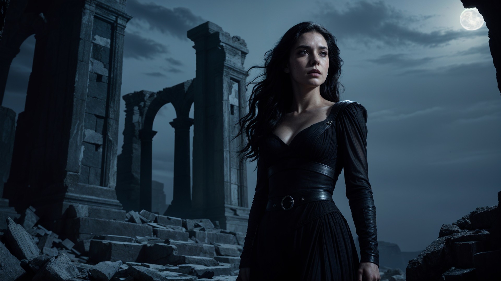 Mysterious Woman in Ancient Ruins Under Moonlight