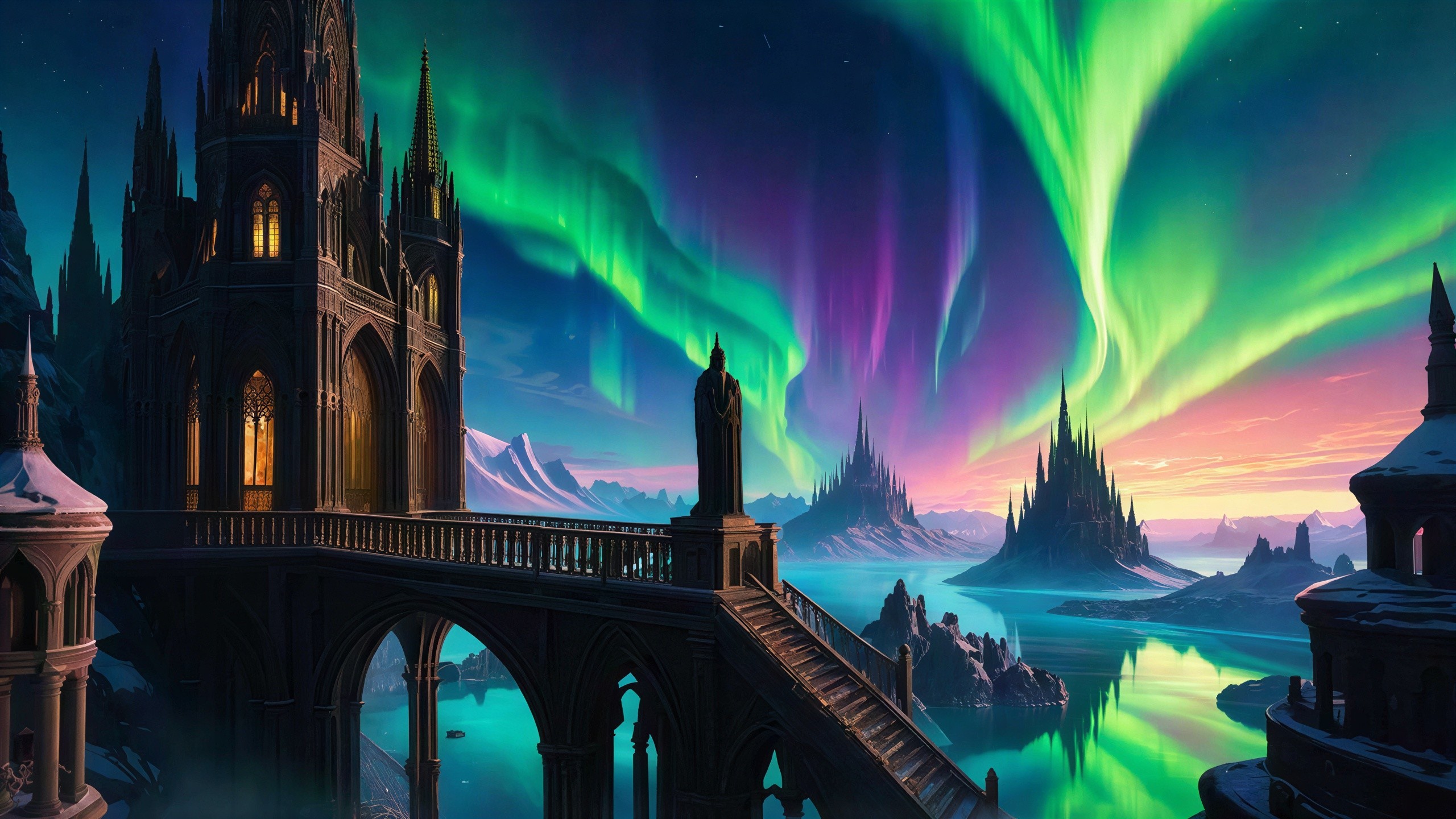 Gothic Castle and Aurora Borealis Landscape Scene