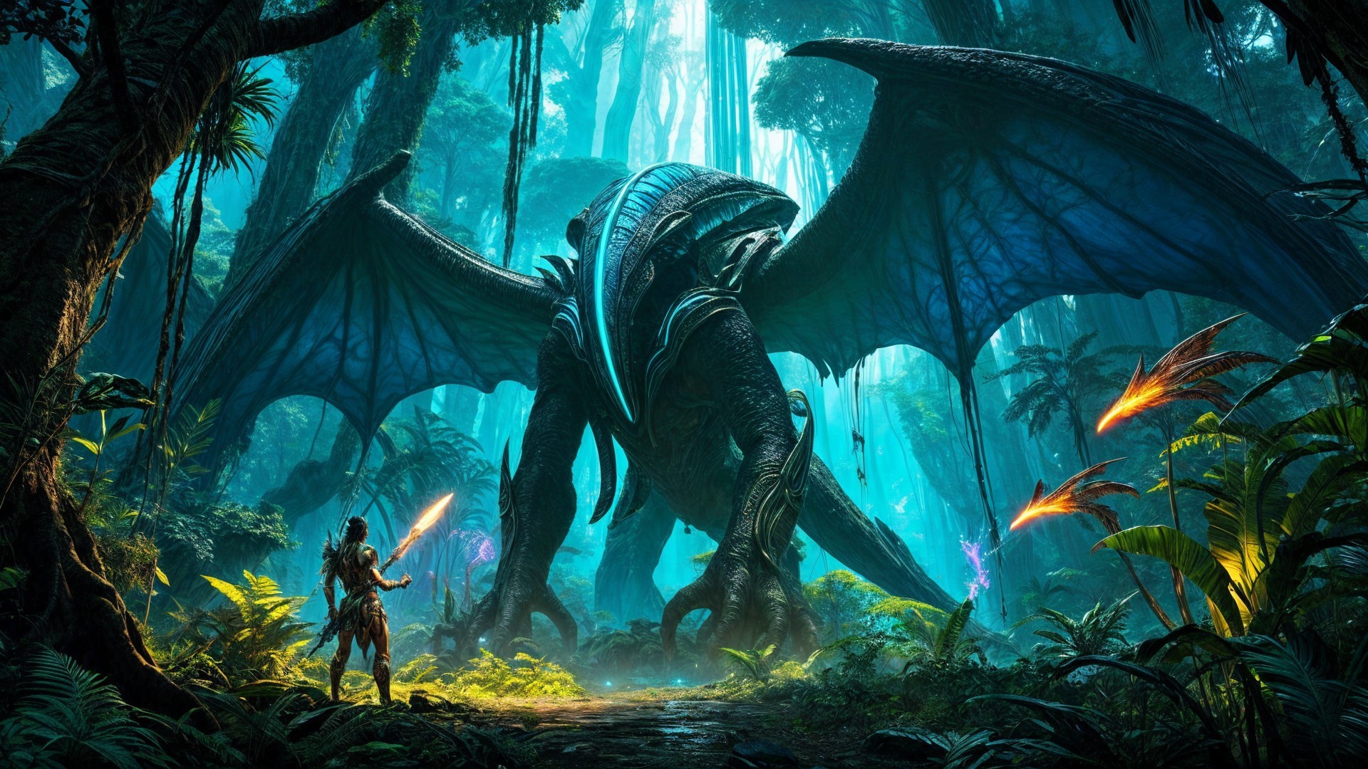 Jungle Encounter Between Warrior and Winged Creature