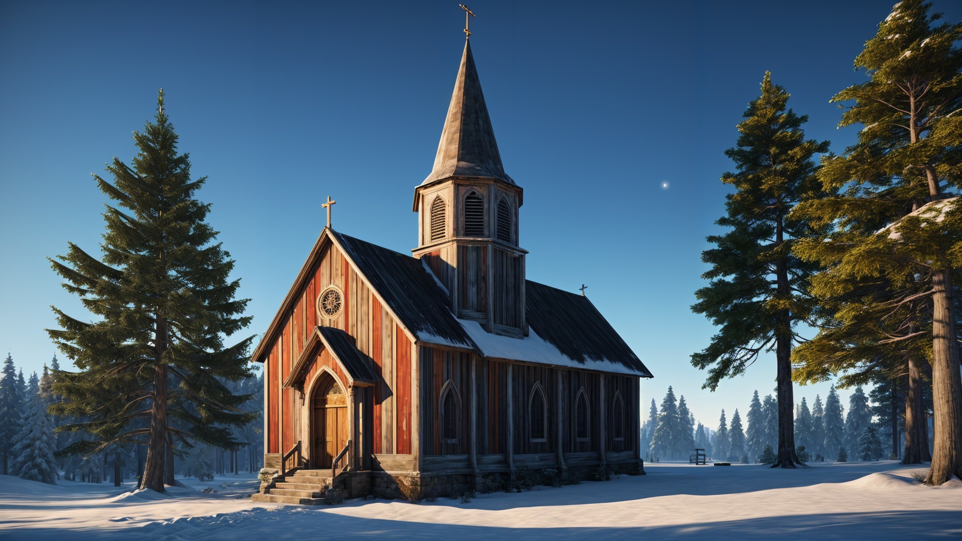 Wooden Church in Winter Landscape with Pine Trees