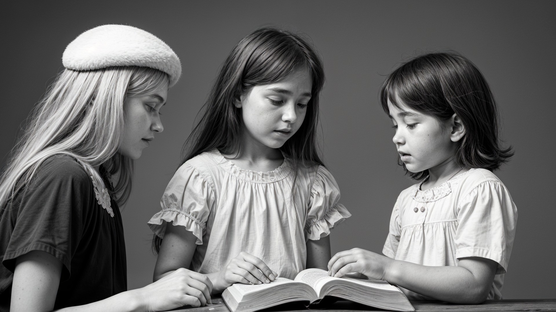 Three Girls Engaged in Reading Around a Book