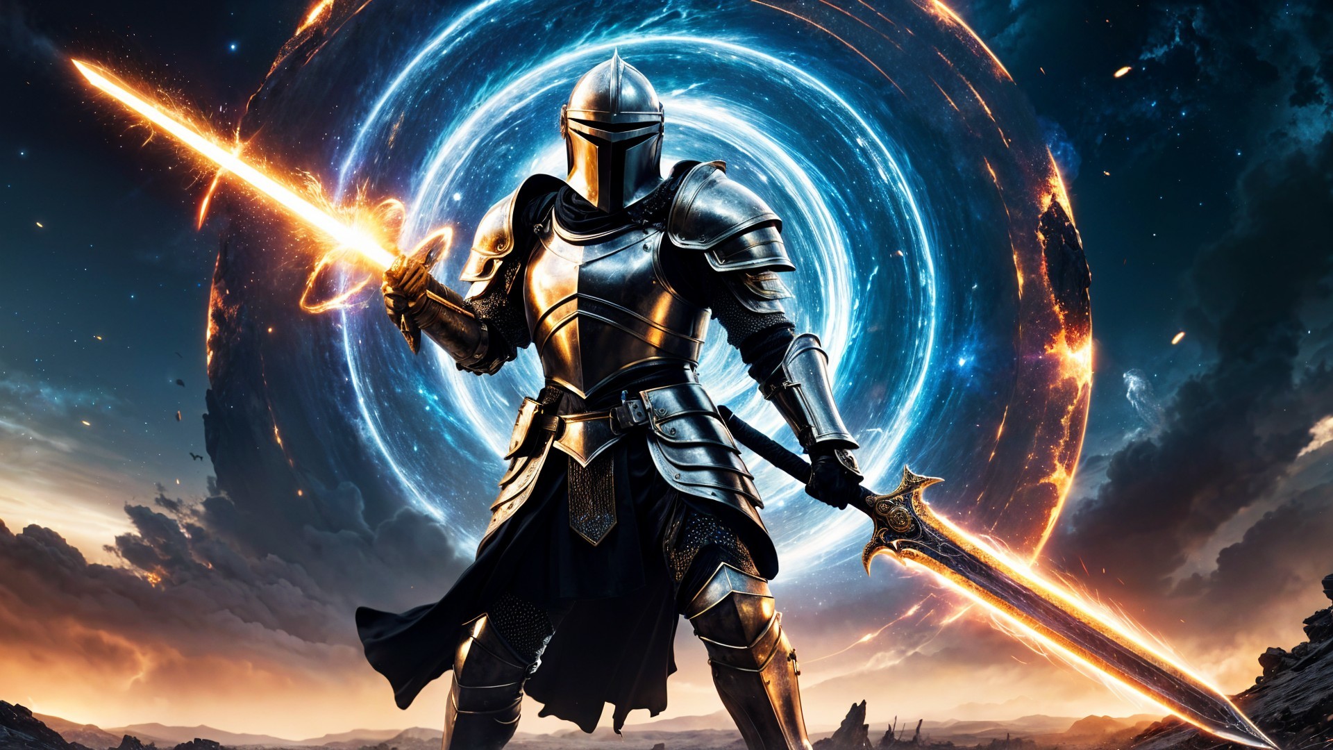 Knight in Armor with Glowing Sword in Fantasy Landscape