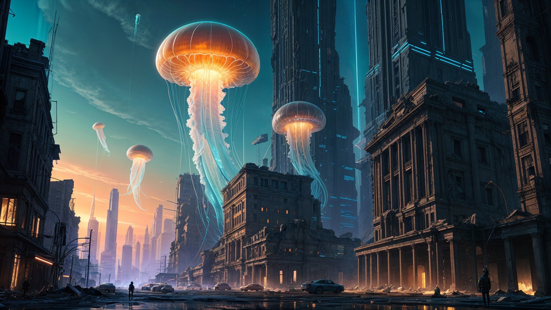 Futuristic cityscape with bioluminescent jellyfish