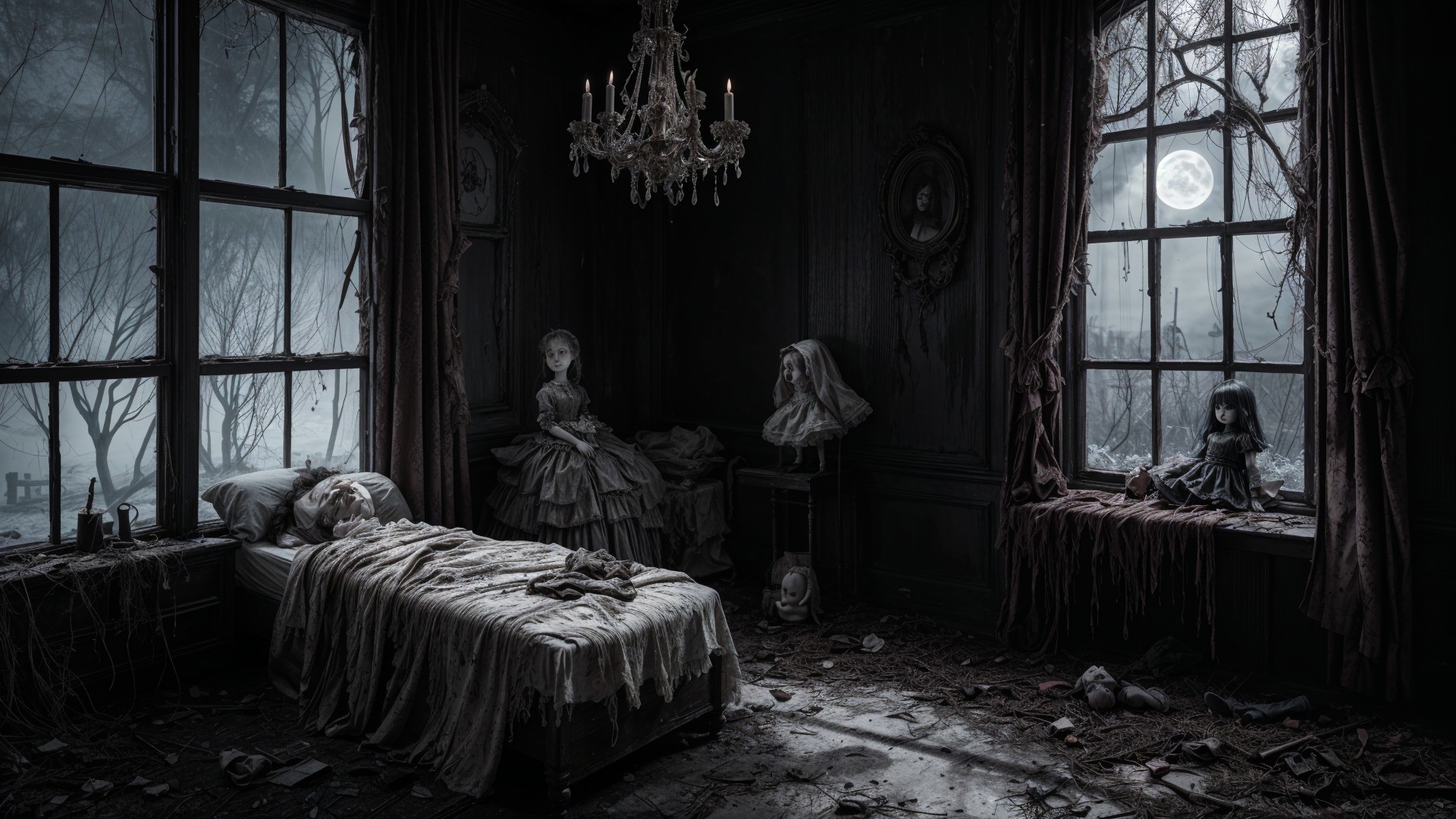 Eerie Bedroom with Dolls and Moonlit Shadows