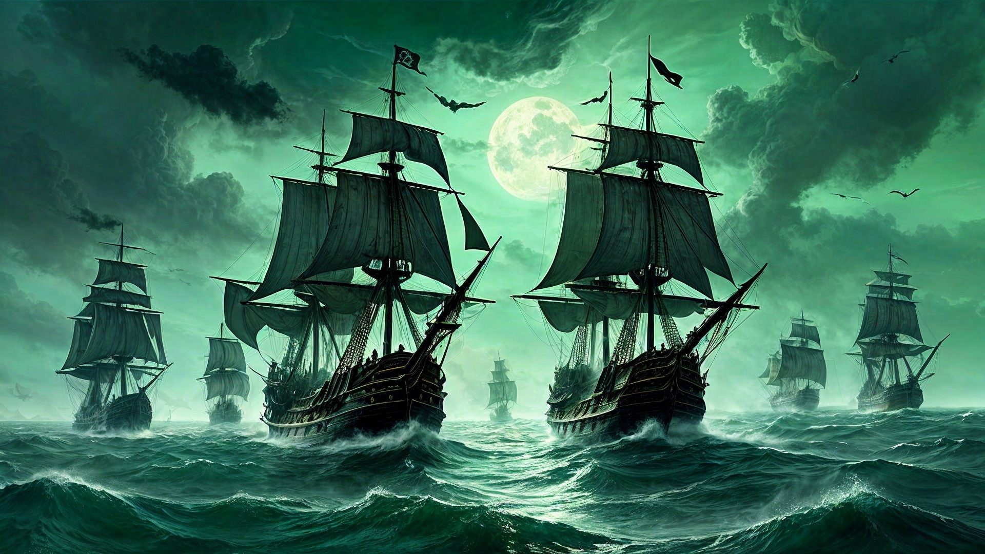 Majestic ships with black sails on tumultuous seas