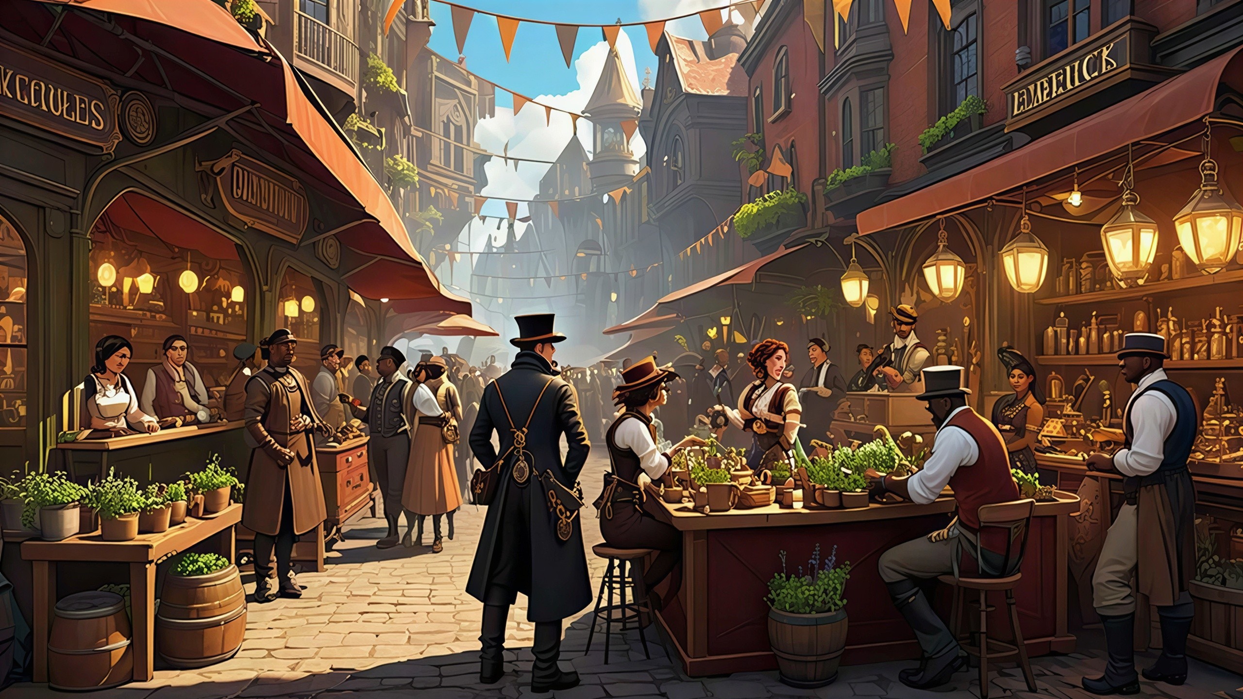 Steampunk Market Scene with Stalls and Costumed People