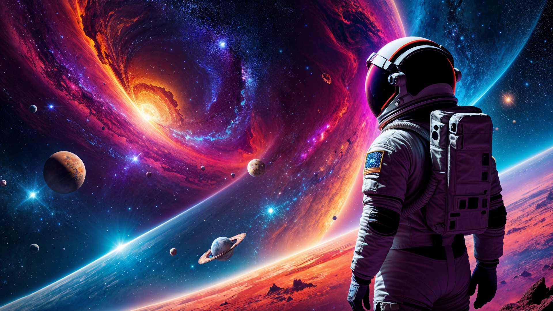 Astronaut Observing a Vibrant Cosmic Scene