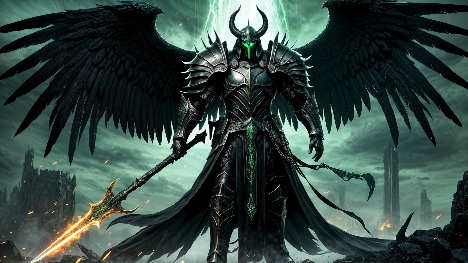 Dark Armored Figure with Wings in Desolate Landscape