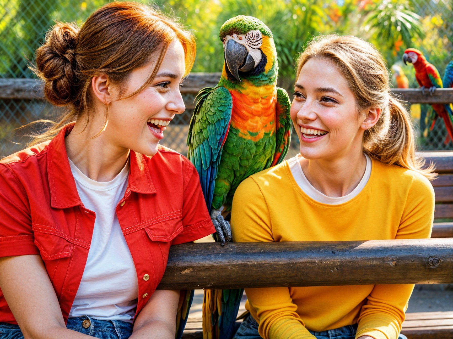 Young women and parrot in a vibrant park setting