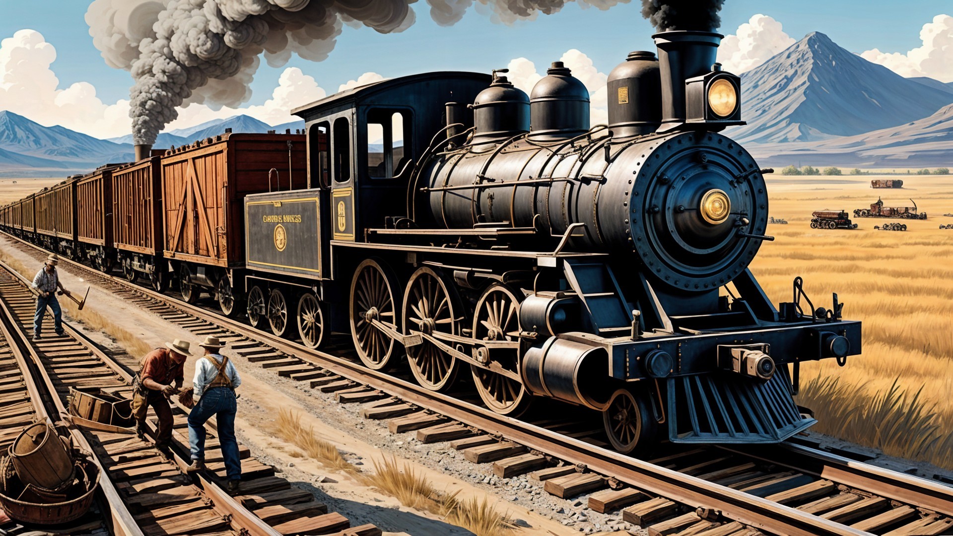 Vintage steam locomotive in a rural landscape scene