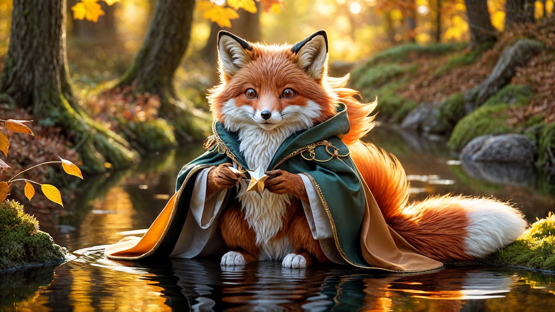 Whimsical Fox by Reflective Pond in Autumn Forest
