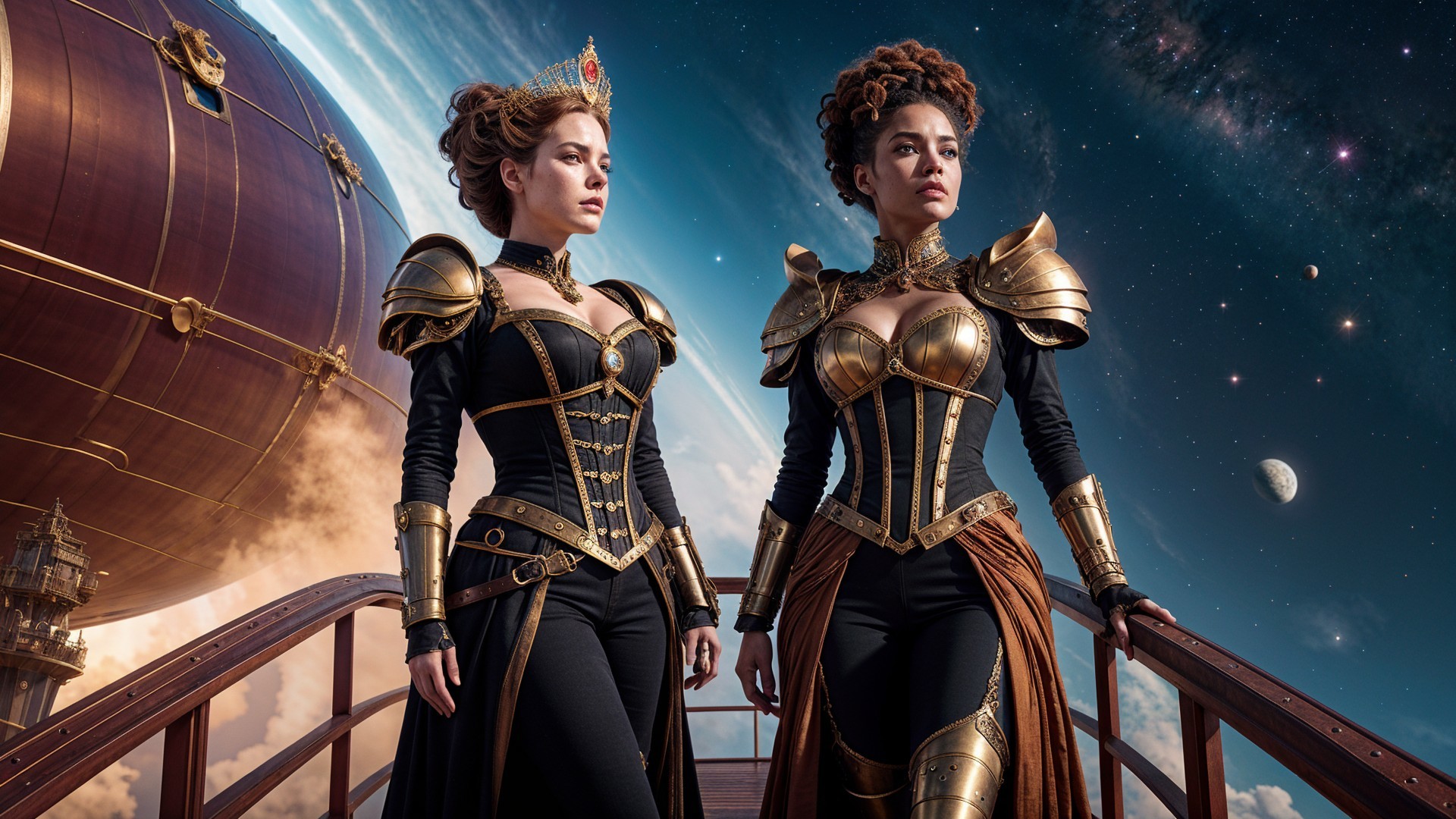 Fierce Women in Steampunk Armor on Grand Staircase