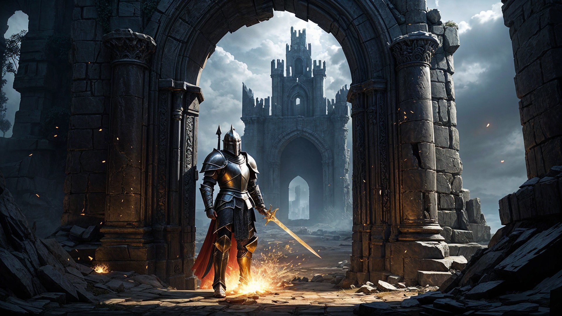 Armored Knight in Dramatic Castle Archway Scene