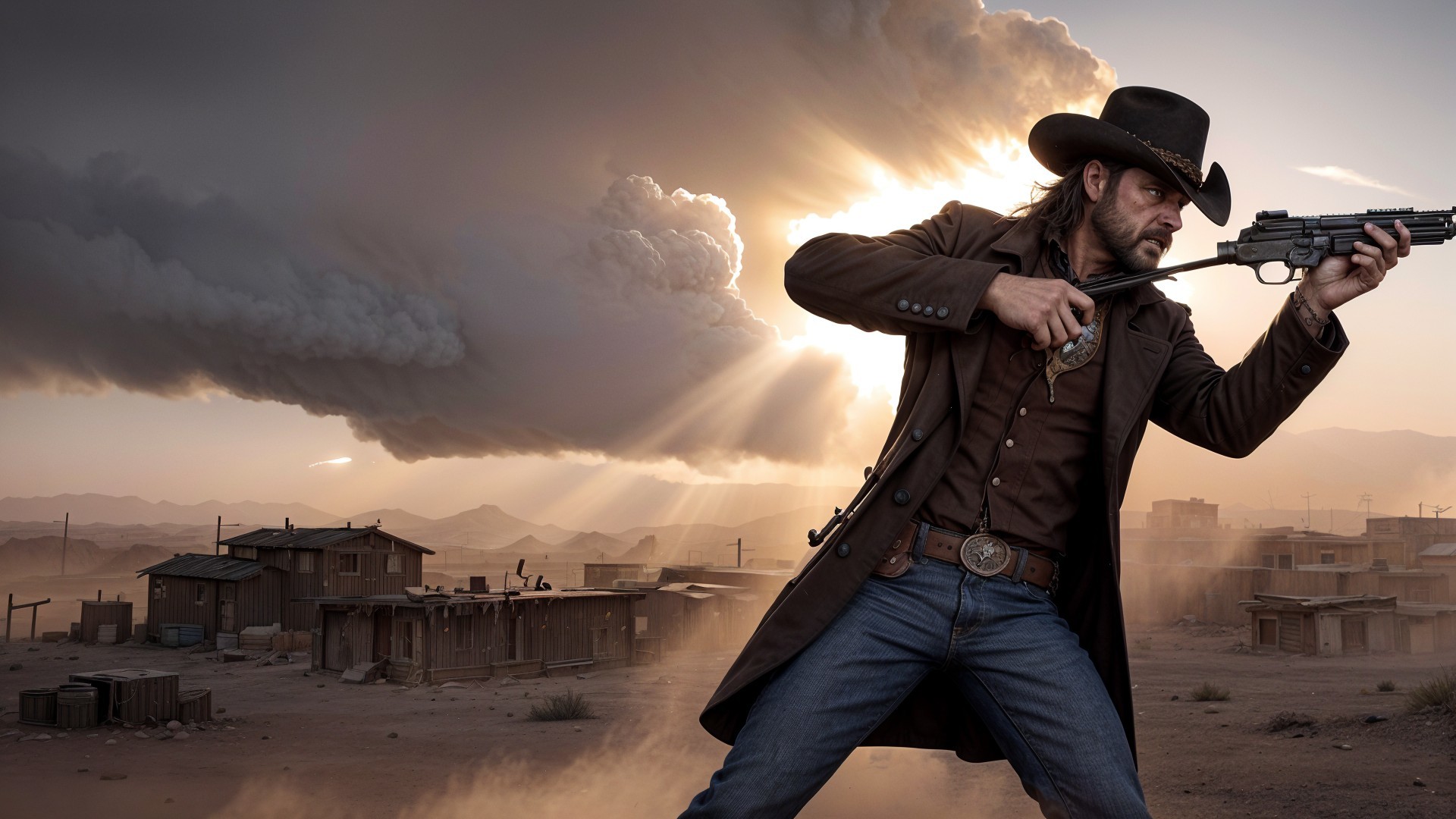 Rugged Gunslinger in Dusty Landscape at Sunset
