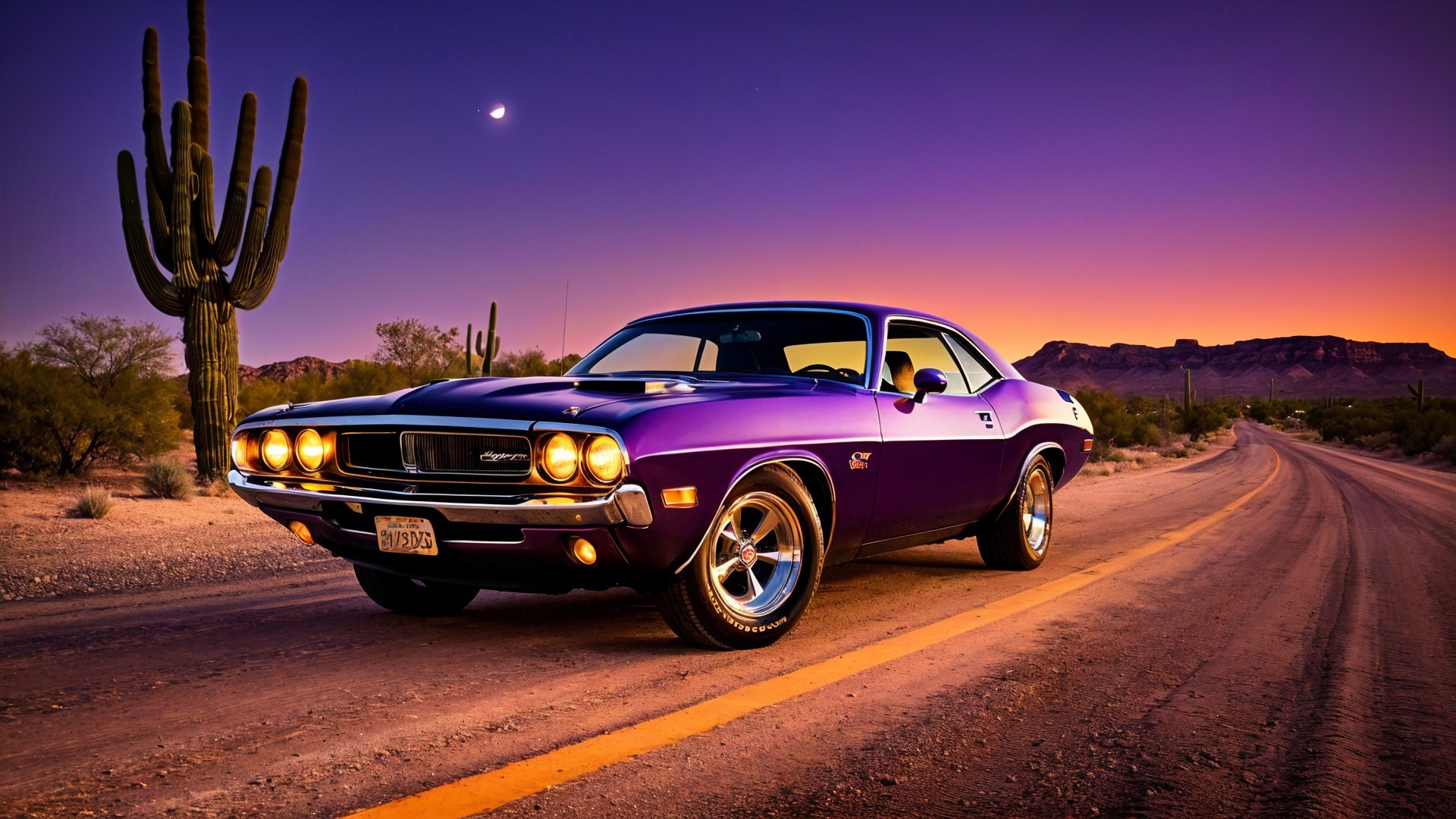 Purple Muscle Car on Desert Road at Sunset