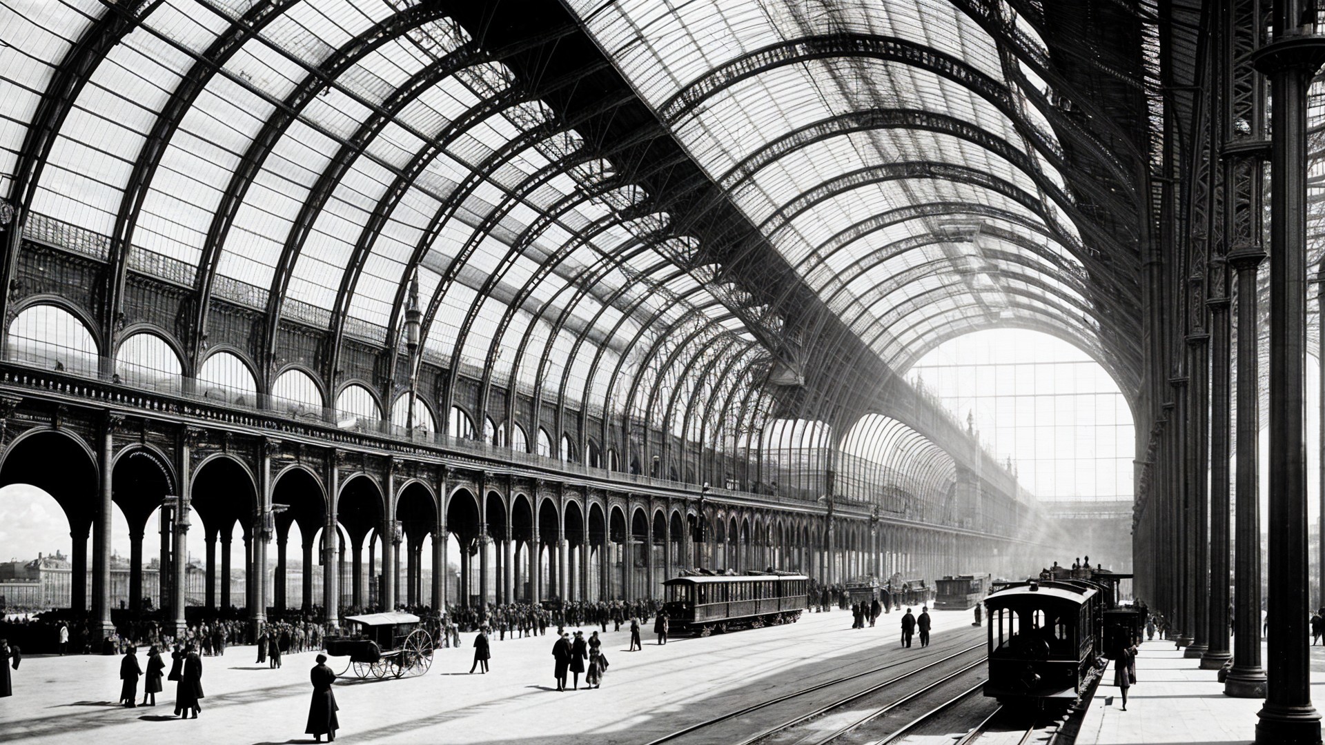 Historic railway station interior with arched glass roof