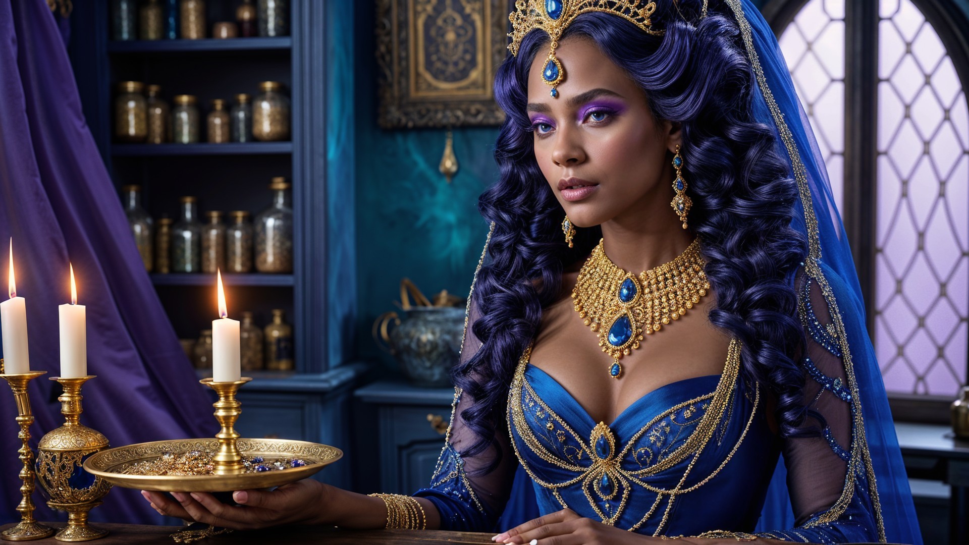 Regal Woman in Blue Gown with Decorative Tray