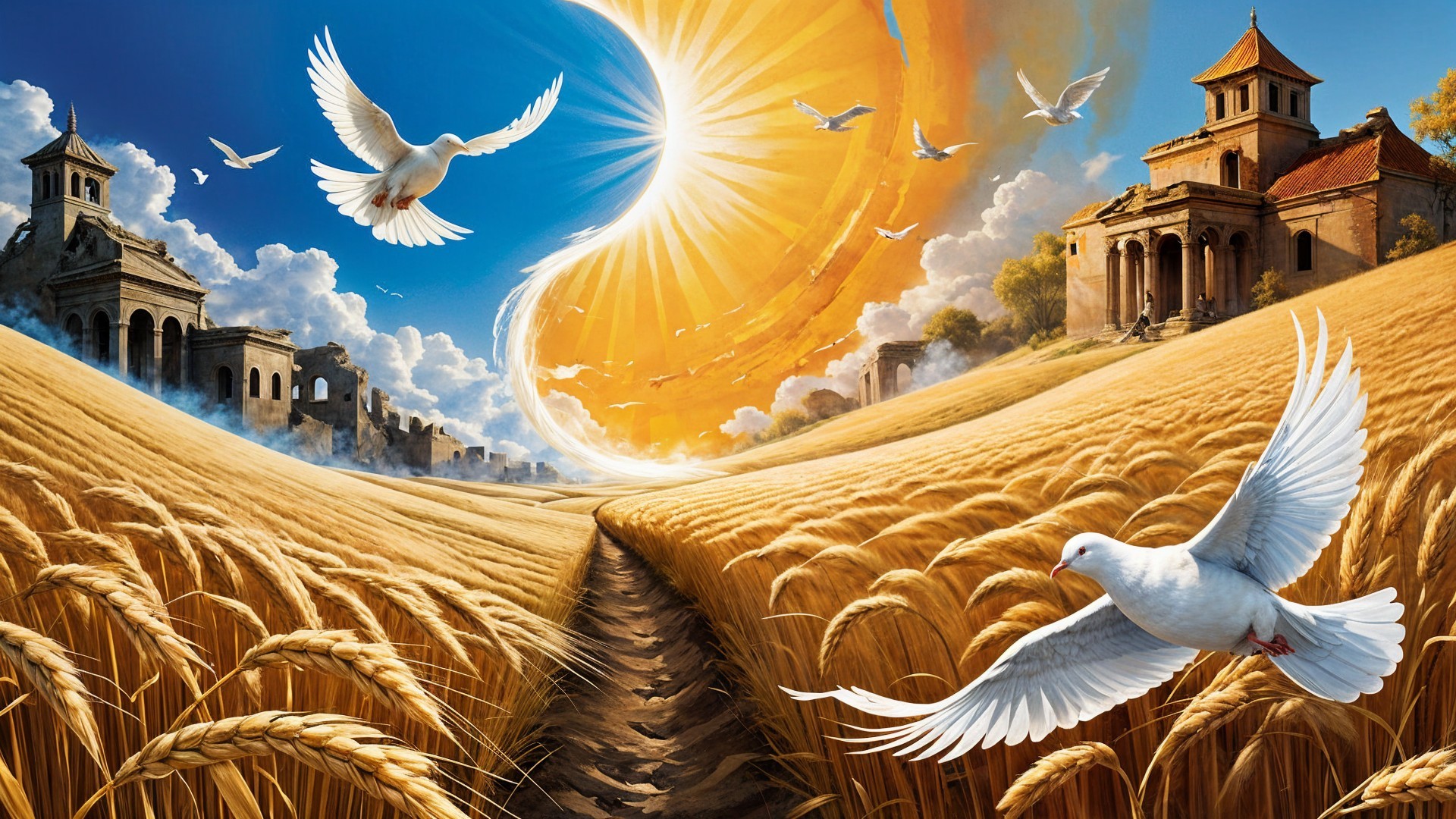 Serene Landscape with Wheat Fields and Ruins
