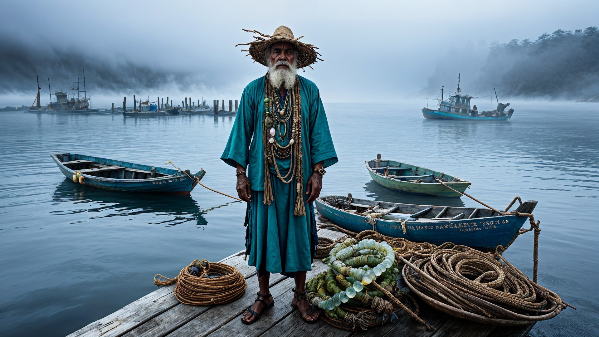 Elderly man in turquoise robe on foggy dock with boats