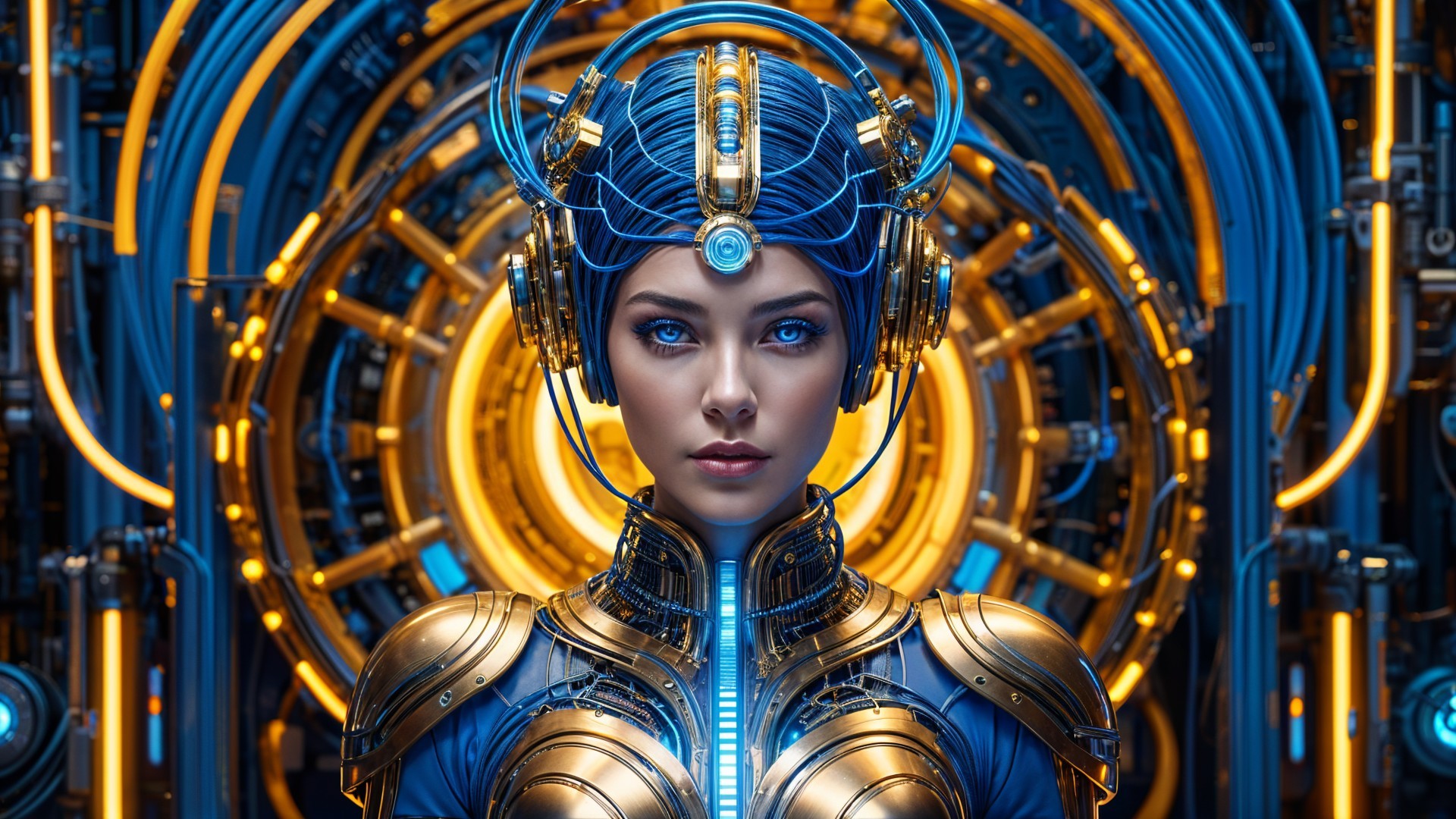 Futuristic Female Figure in Metallic Armor and Technology