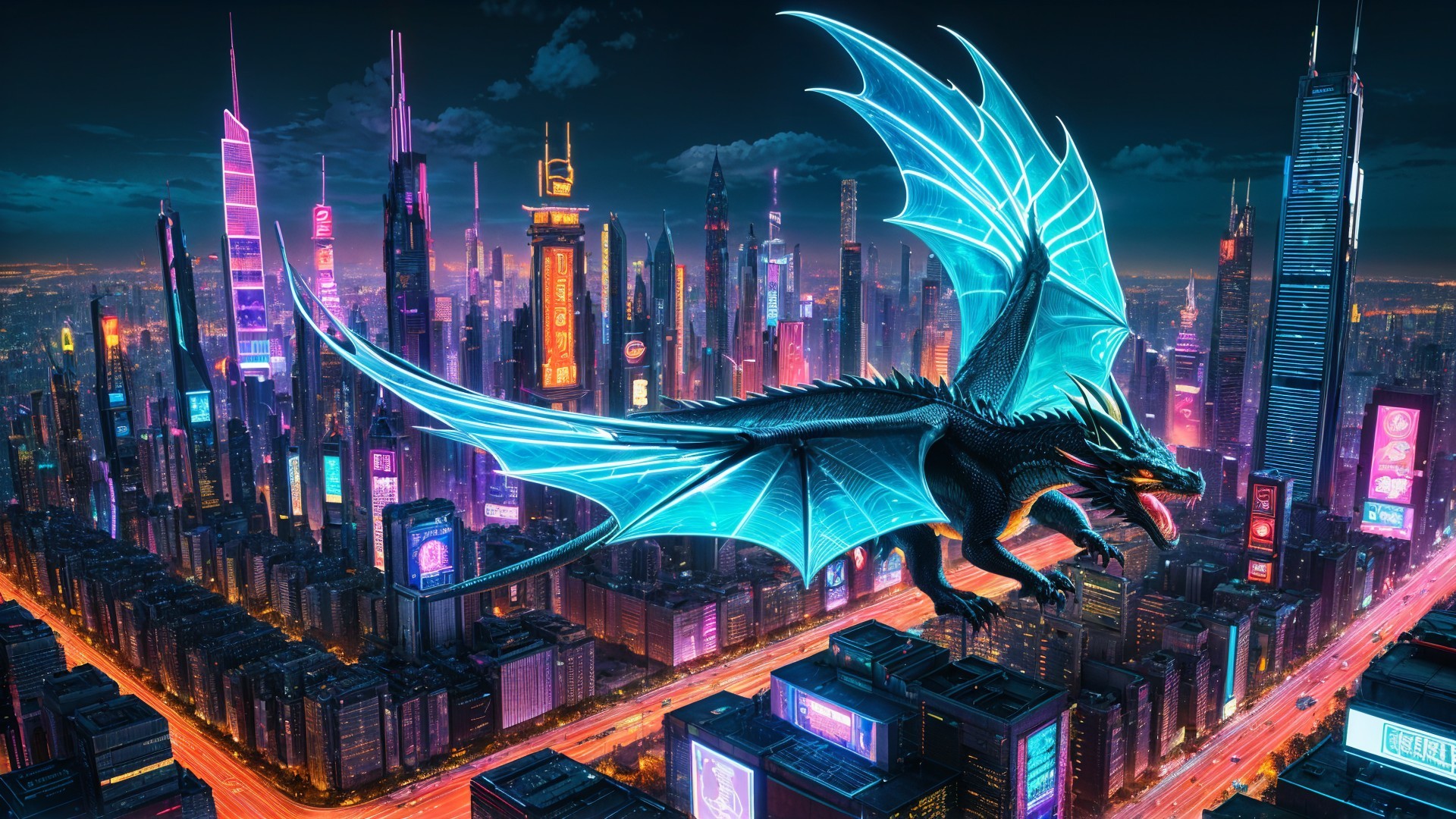 Futuristic cityscape with neon lights and a dragon