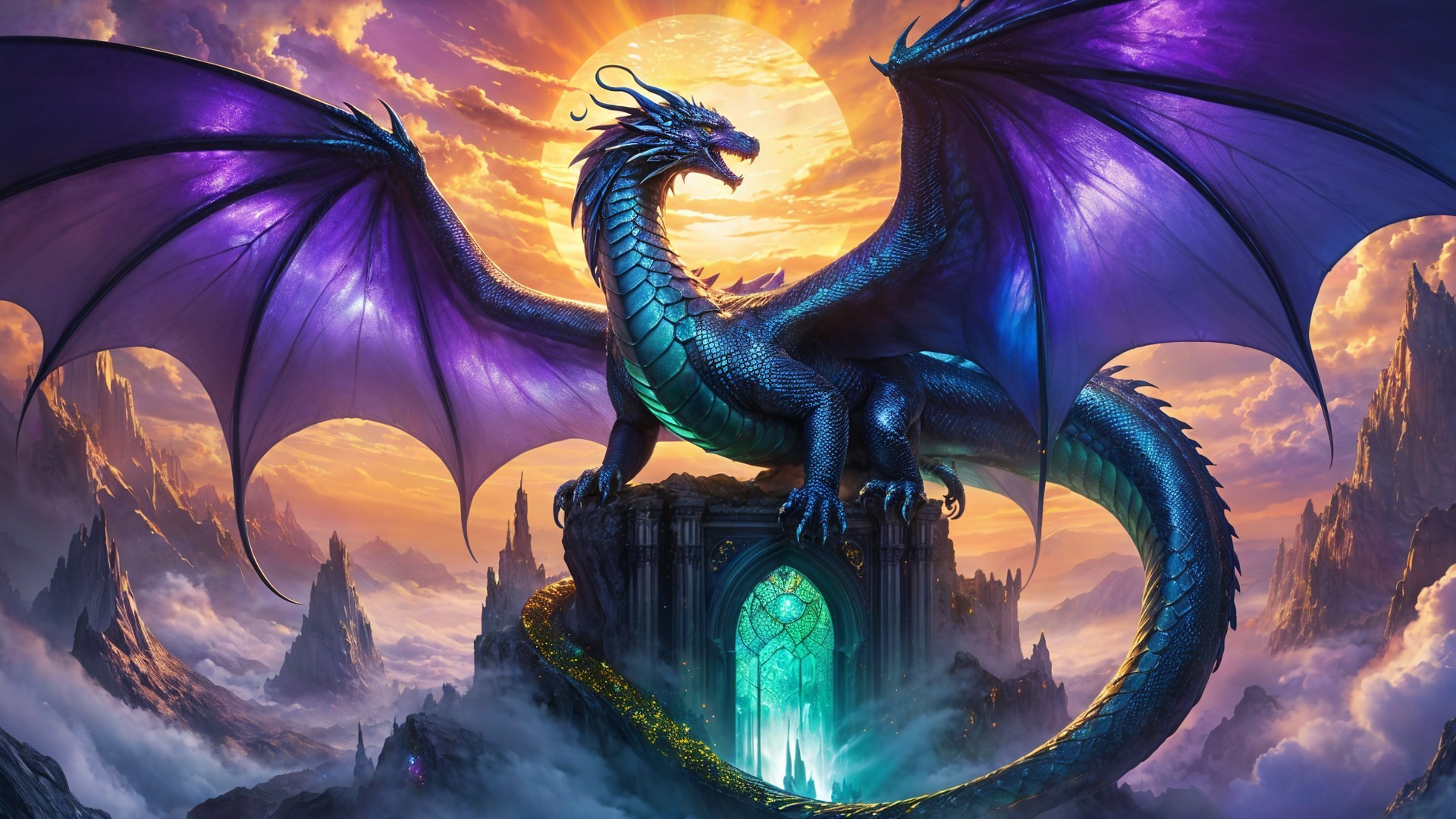 Majestic dragon on mystical rock formation at sunset