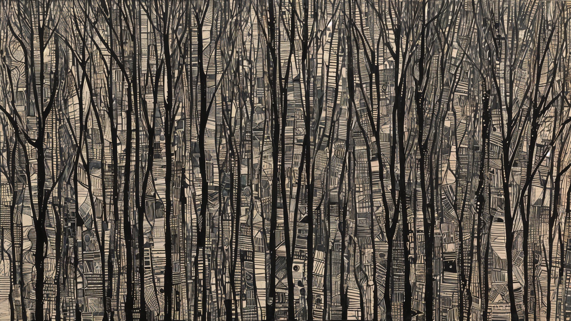 Dense Forest Scene in Black and White Patterns