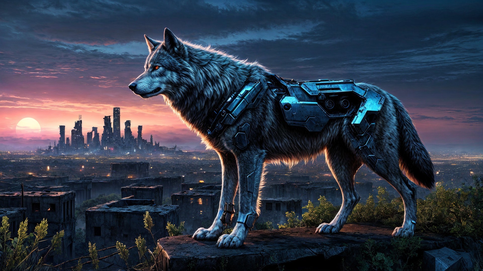 Cybernetic Wolf in Futuristic Dusk Cityscape