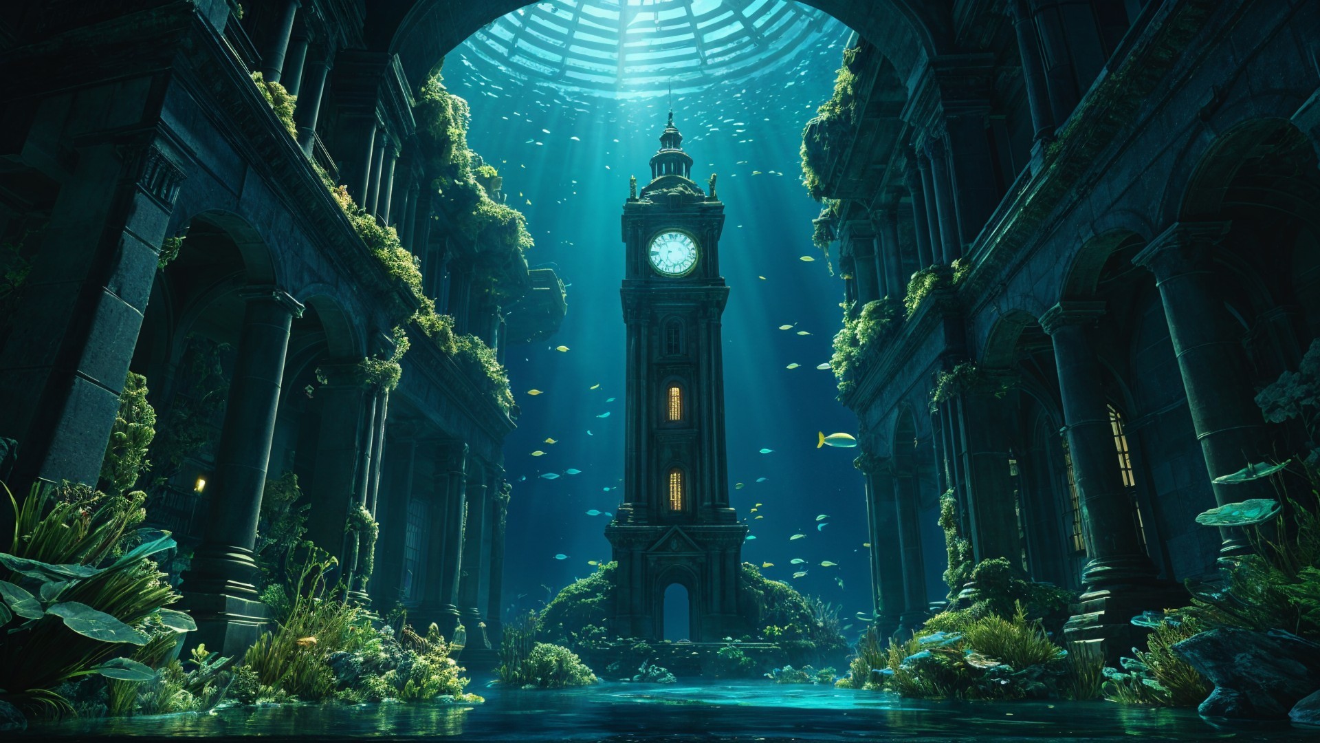 Submerged Ancient Clock Tower in Mystical Aquatic Setting