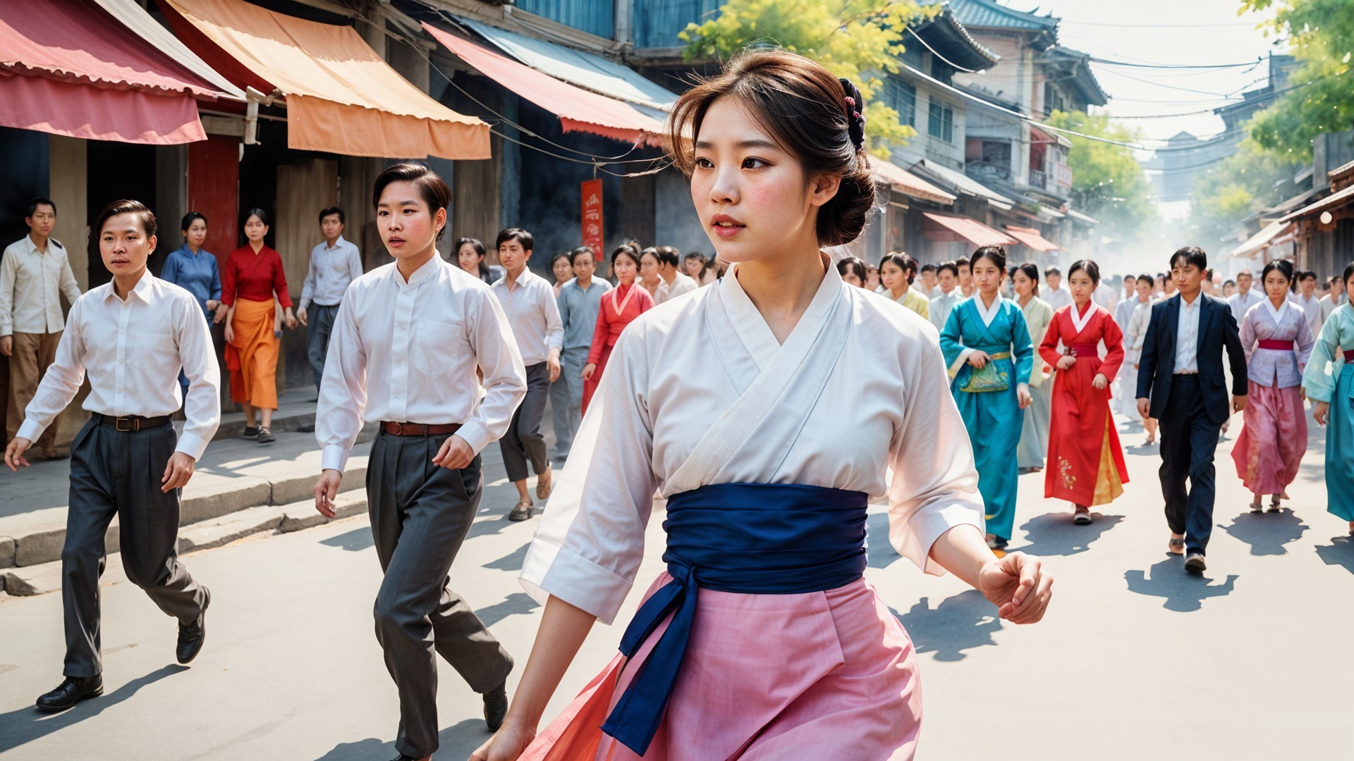 Bustling street scene with traditional attire and hanbok