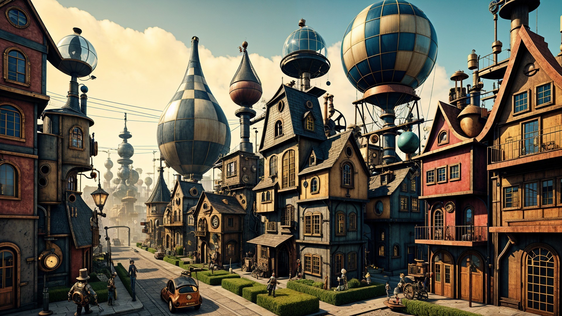 Whimsical Steampunk Village with Unique Architecture