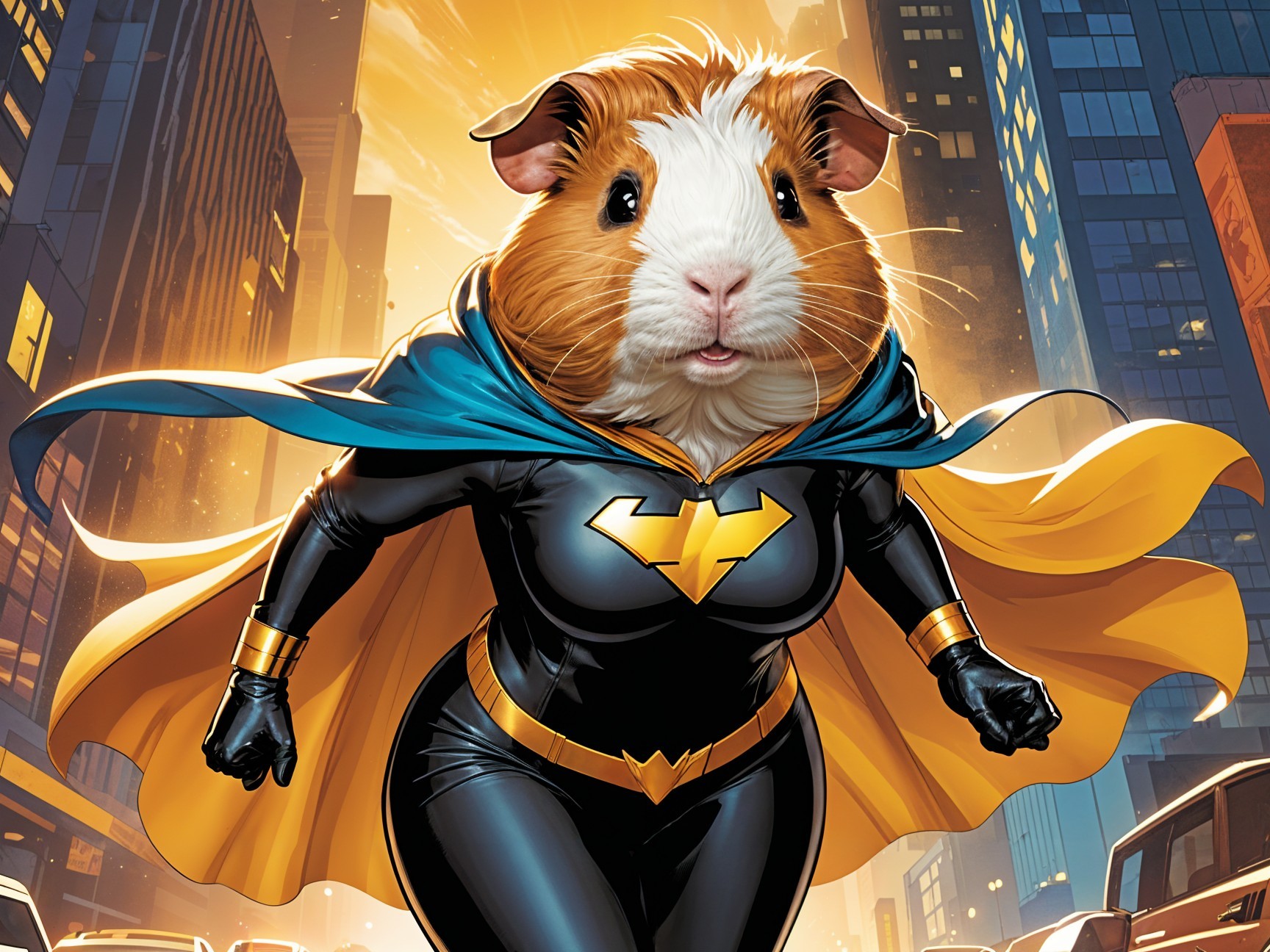 Superhero Guinea Pig in Vibrant Cityscape Illustration