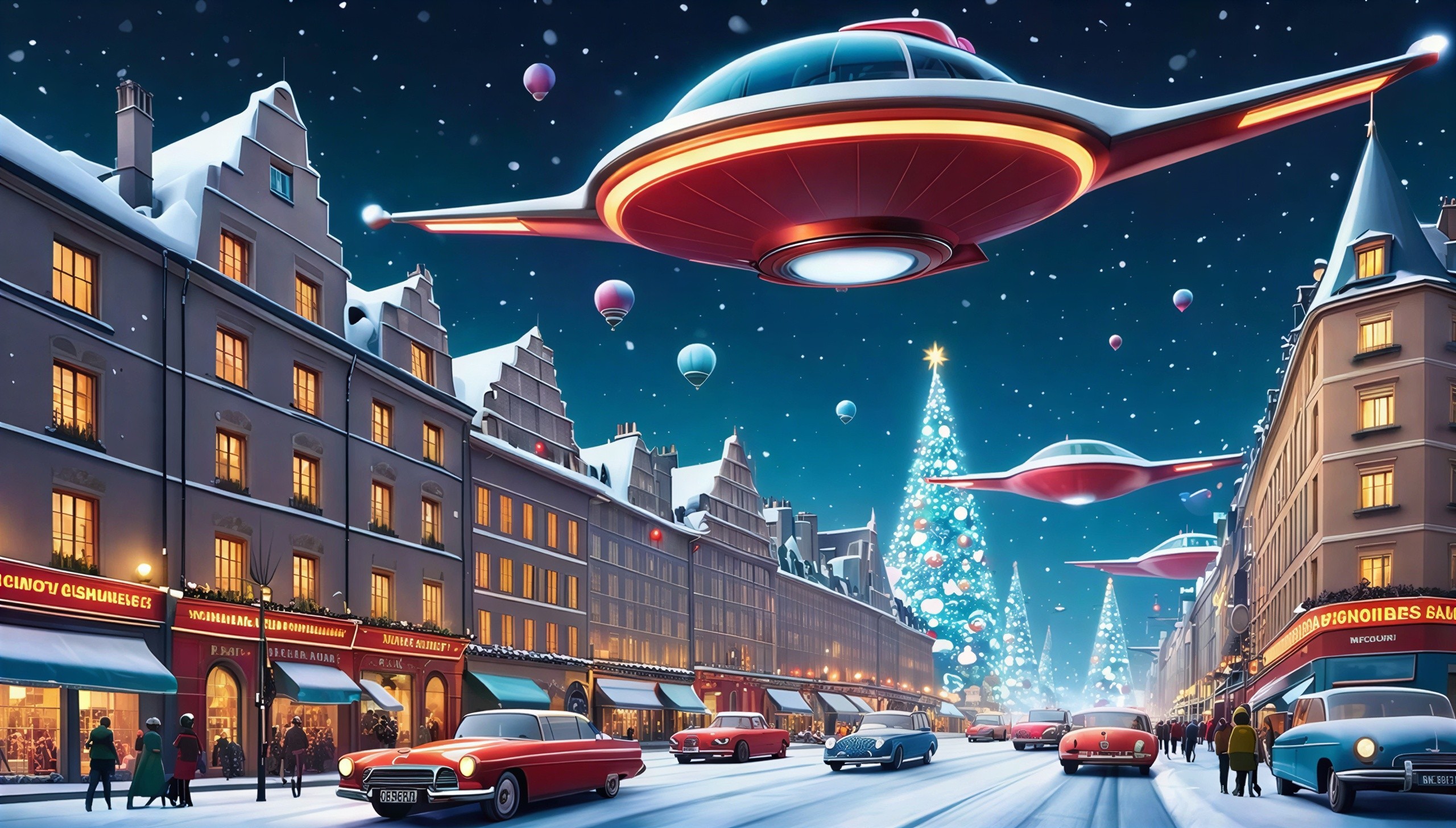 Winter Cityscape with Snow, Balloons, and Christmas Trees