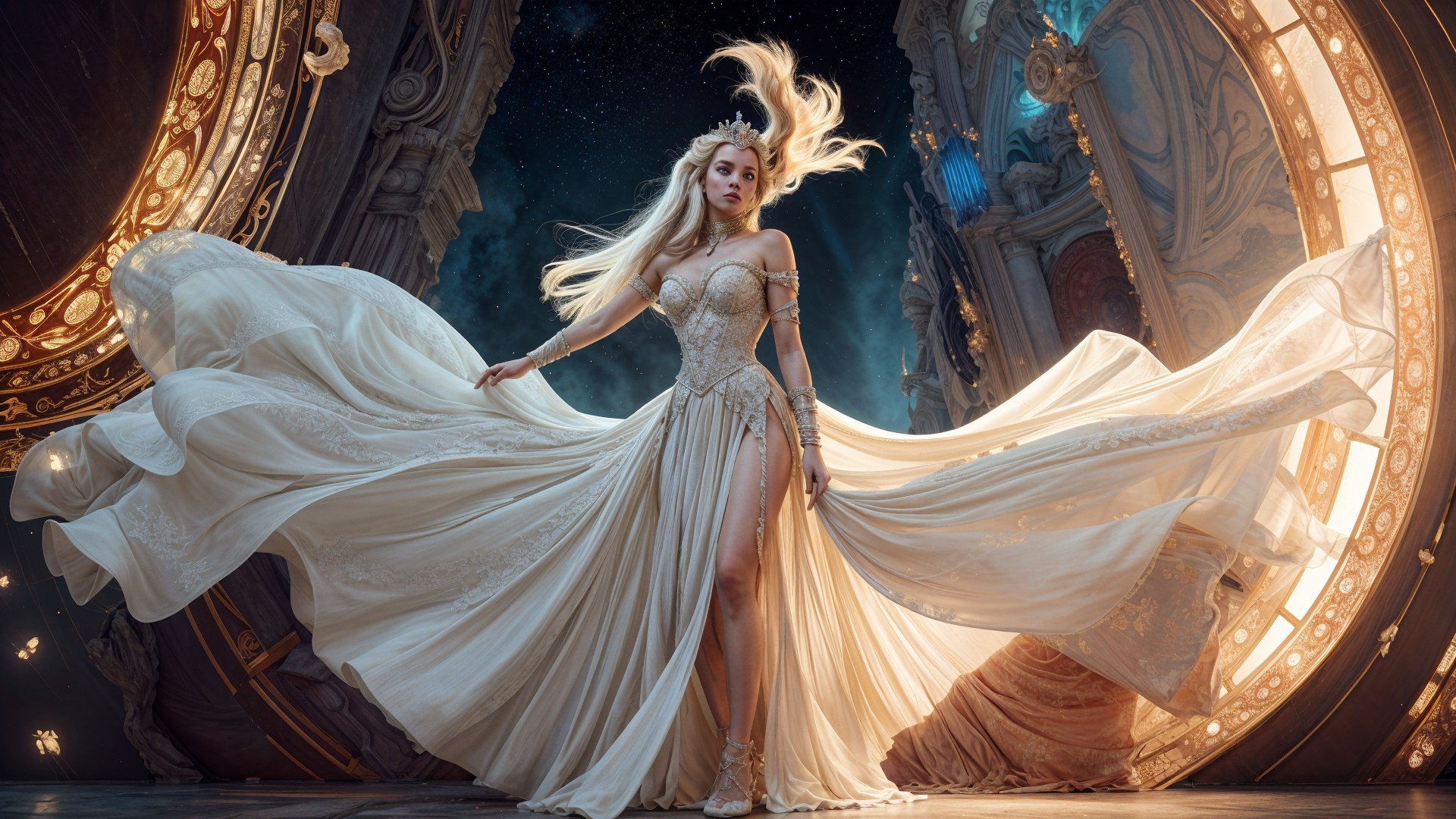 Majestic figure in ethereal gown against starlit sky