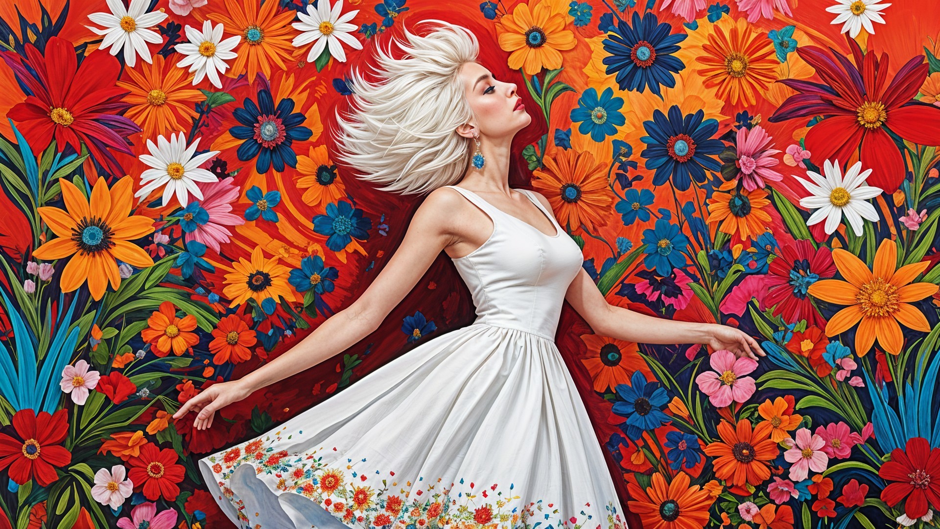 Woman with Platinum Blonde Hair Among Colorful Flowers