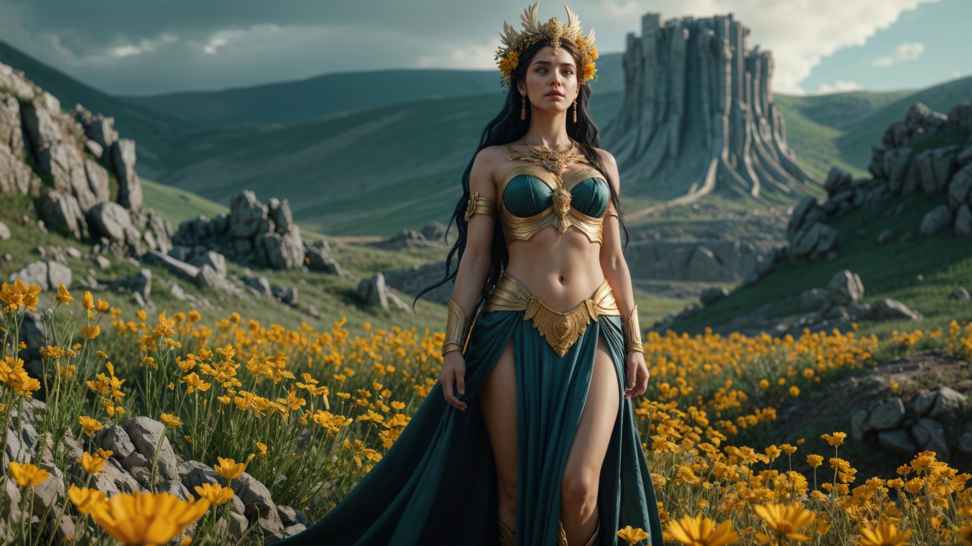 Majestic figure in ornate attire amid golden flowers