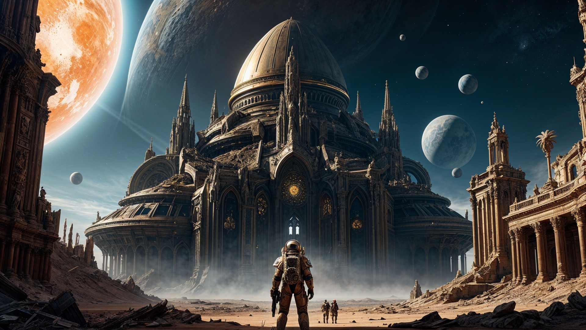 Astronaut in front of ancient structure on alien planet