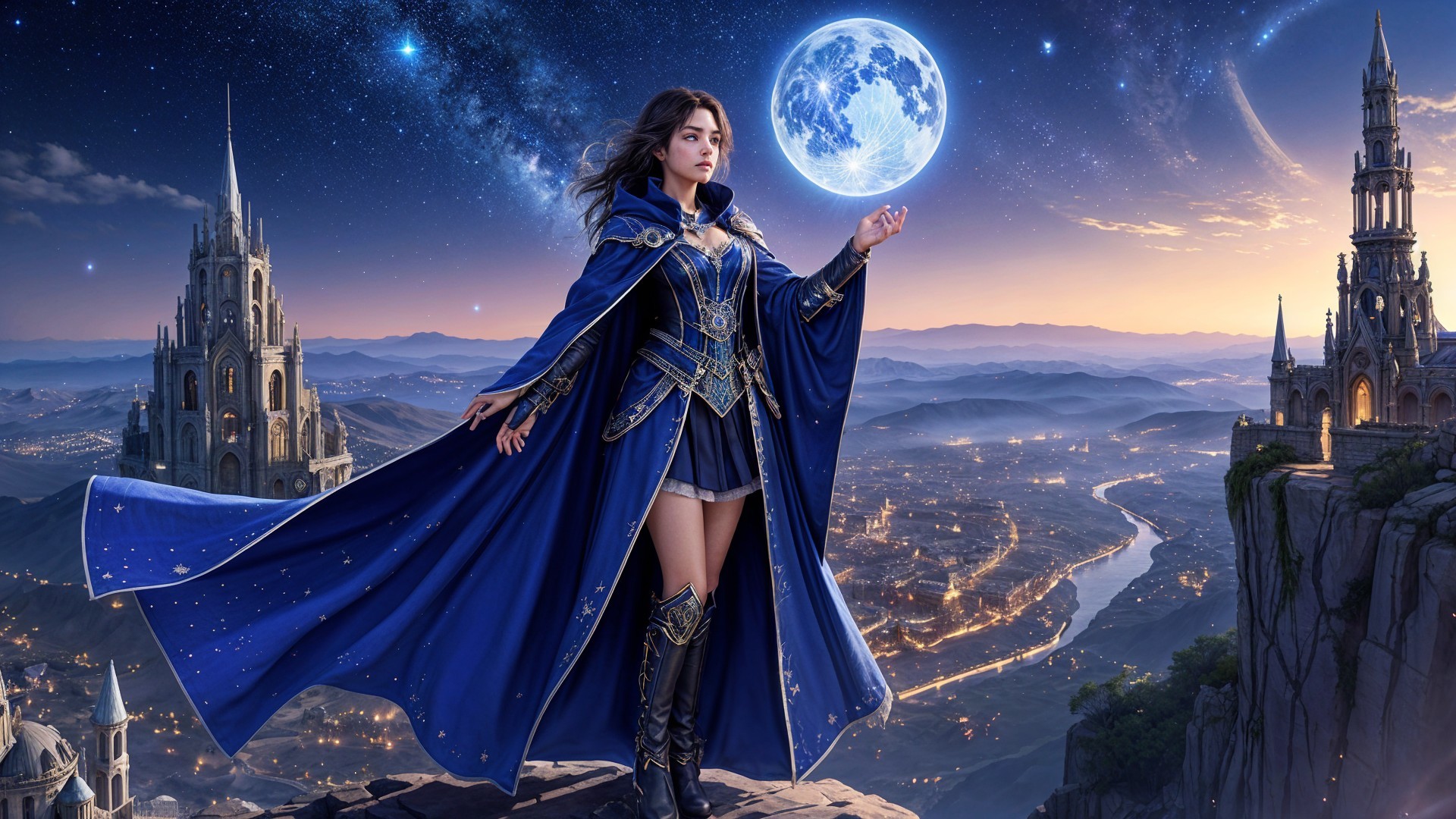 Mystical Sorceress on Cliff Under Full Moon