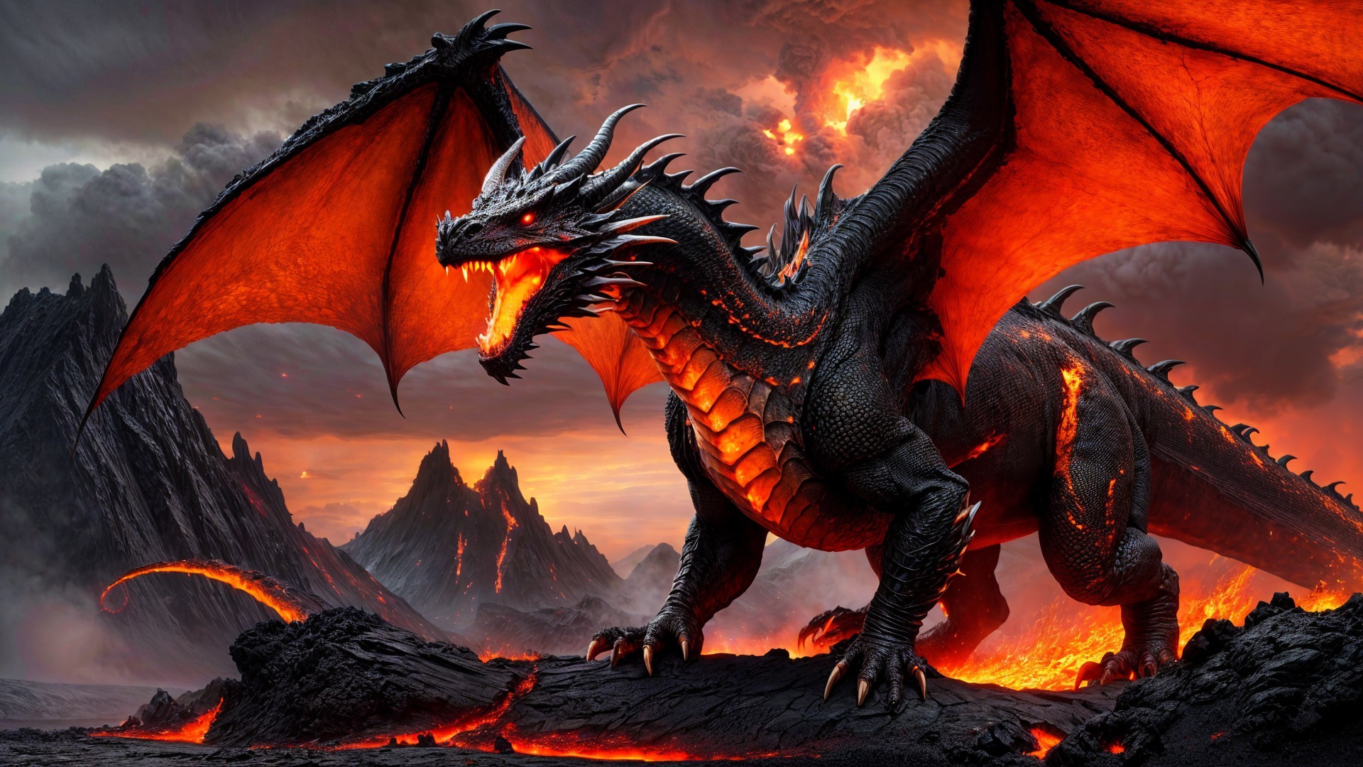 Majestic Black Dragon in Volcanic Landscape Scene